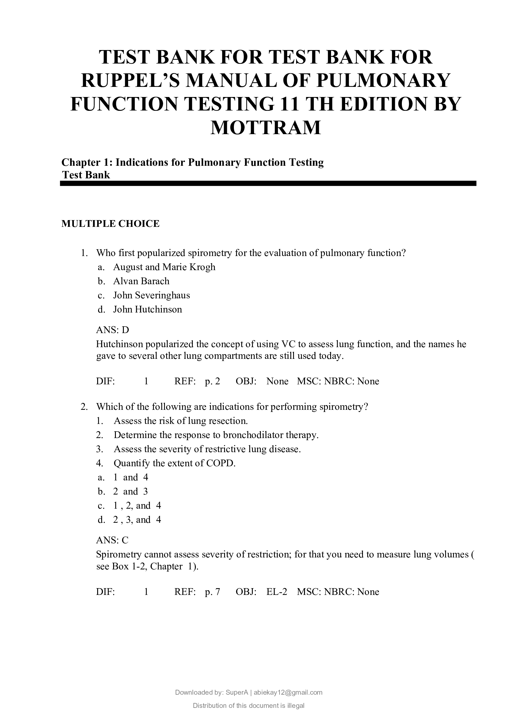 TEST BANK FOR TEST BANK FOR RUPPEL’S MANUAL OF PULMONARY FUNCTION TESTING 11 TH EDITION BY MOTTRAM