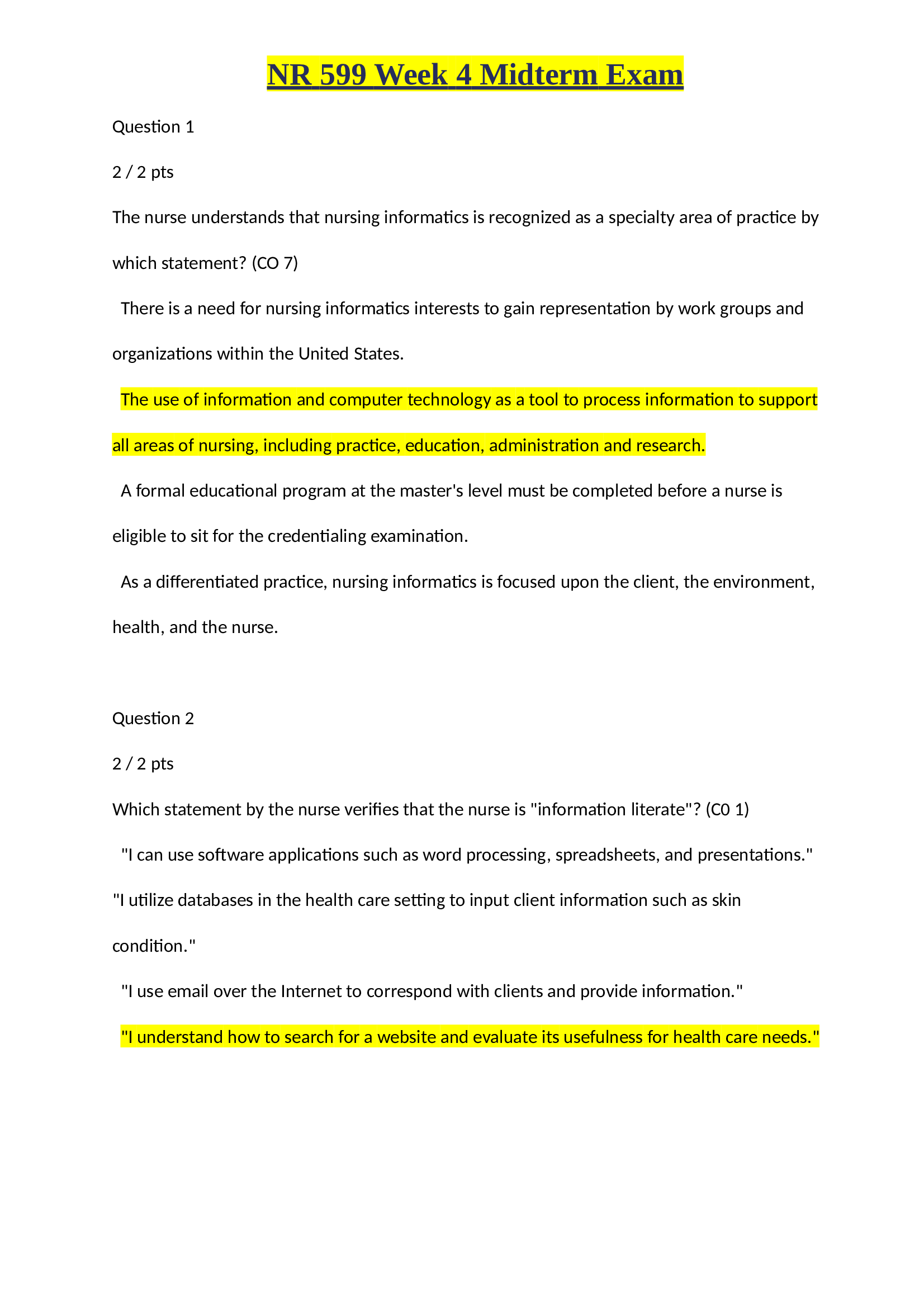 NR 599 Week 4 Midterm Exam Complete Questions & Answers All Answers Correct