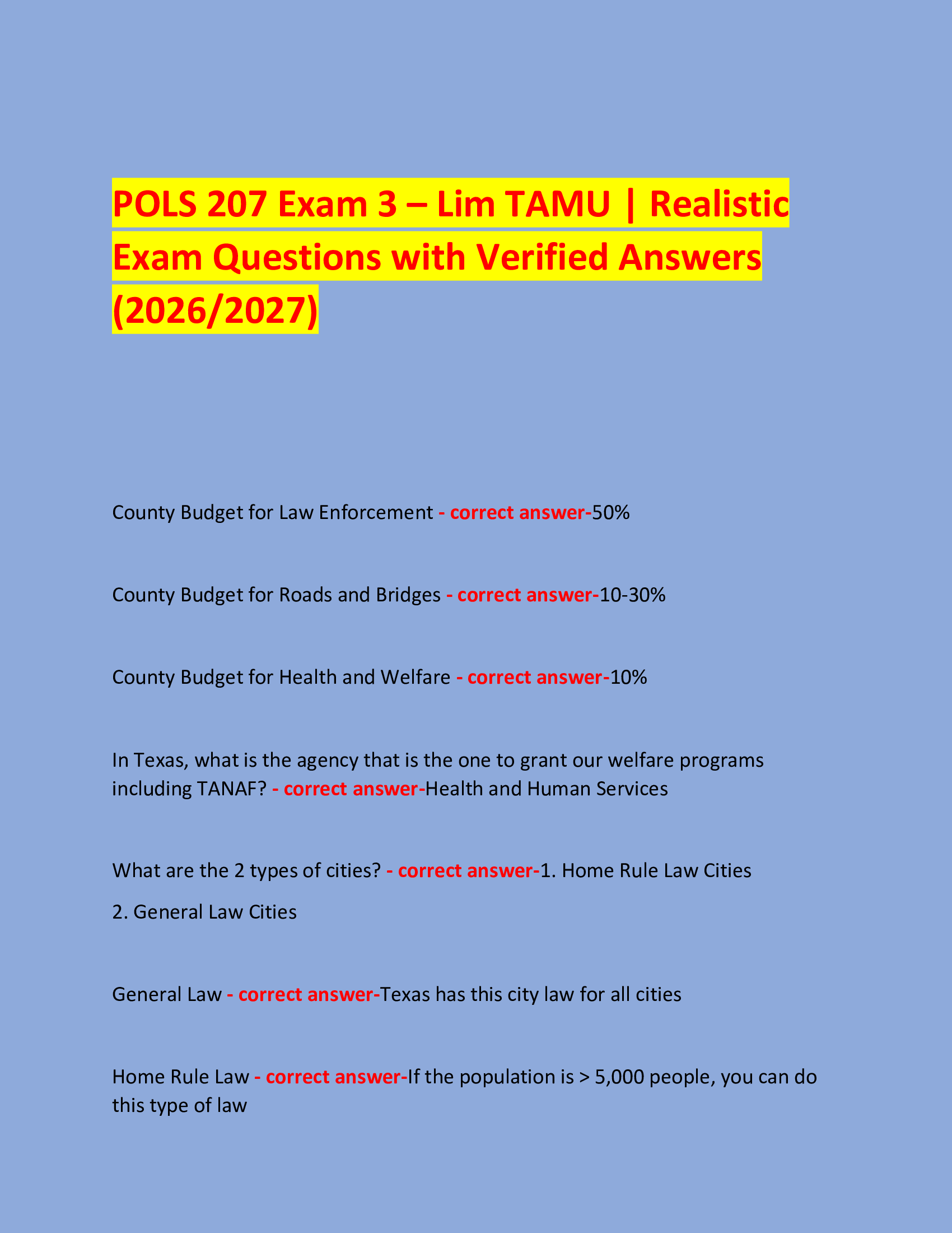 POLS 207 Exam 3 – Lim TAMU | Real Exam Questions with Verified Answers (2026/2027)