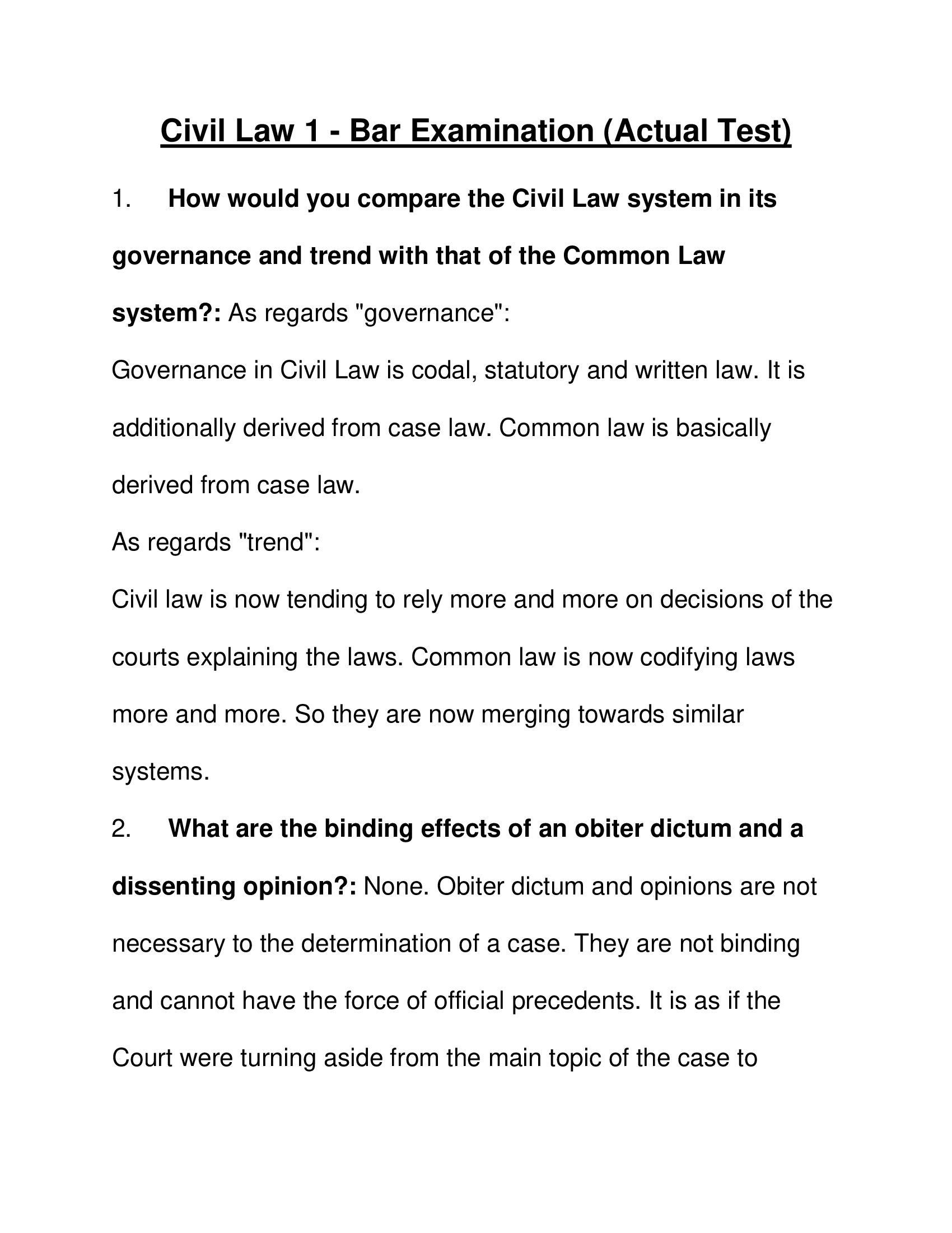 Civil Law 1 - Bar Examination (Actual Test 2023)