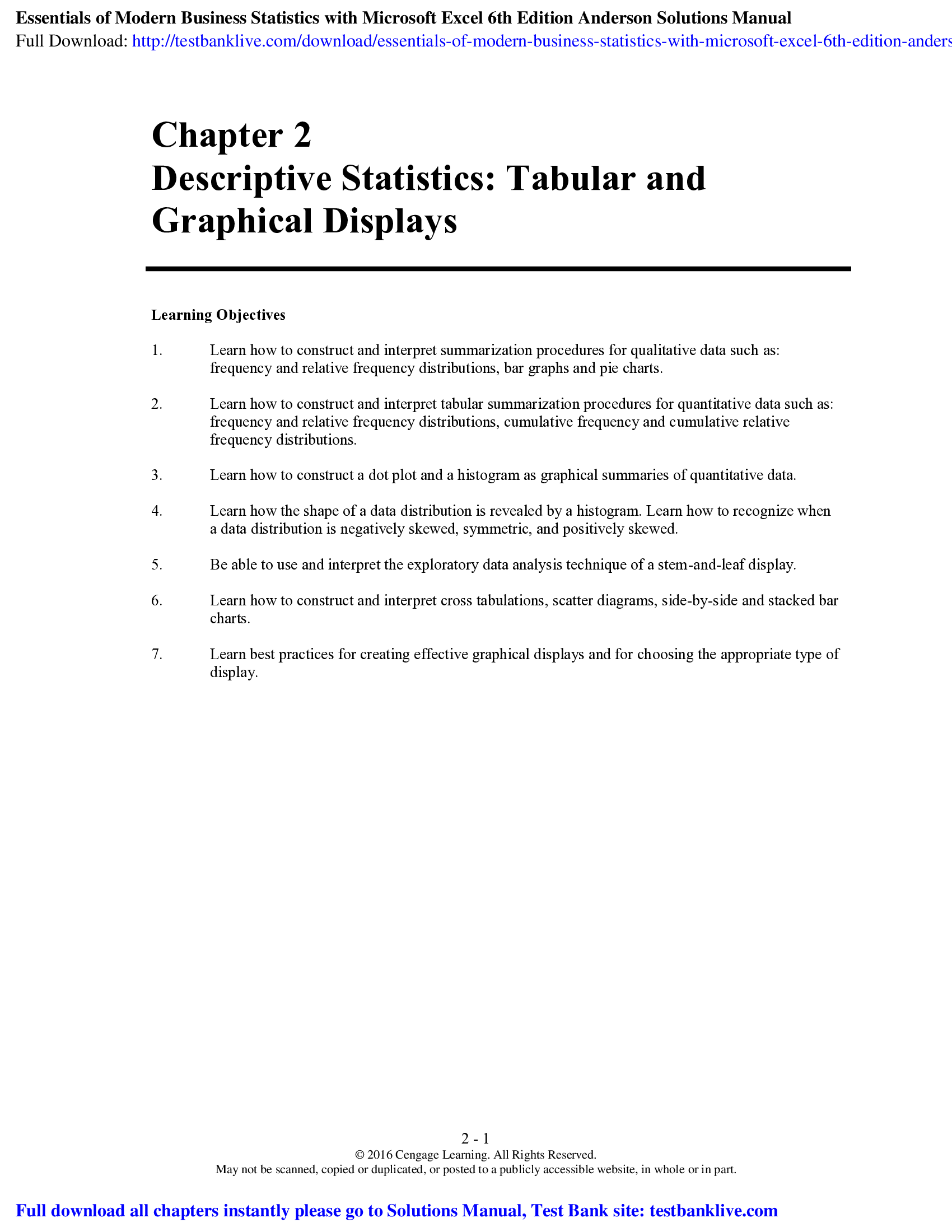 Essentials of Modern Business Statistics with Microsoft Excel 6th Edition Anderson Solutions Manual