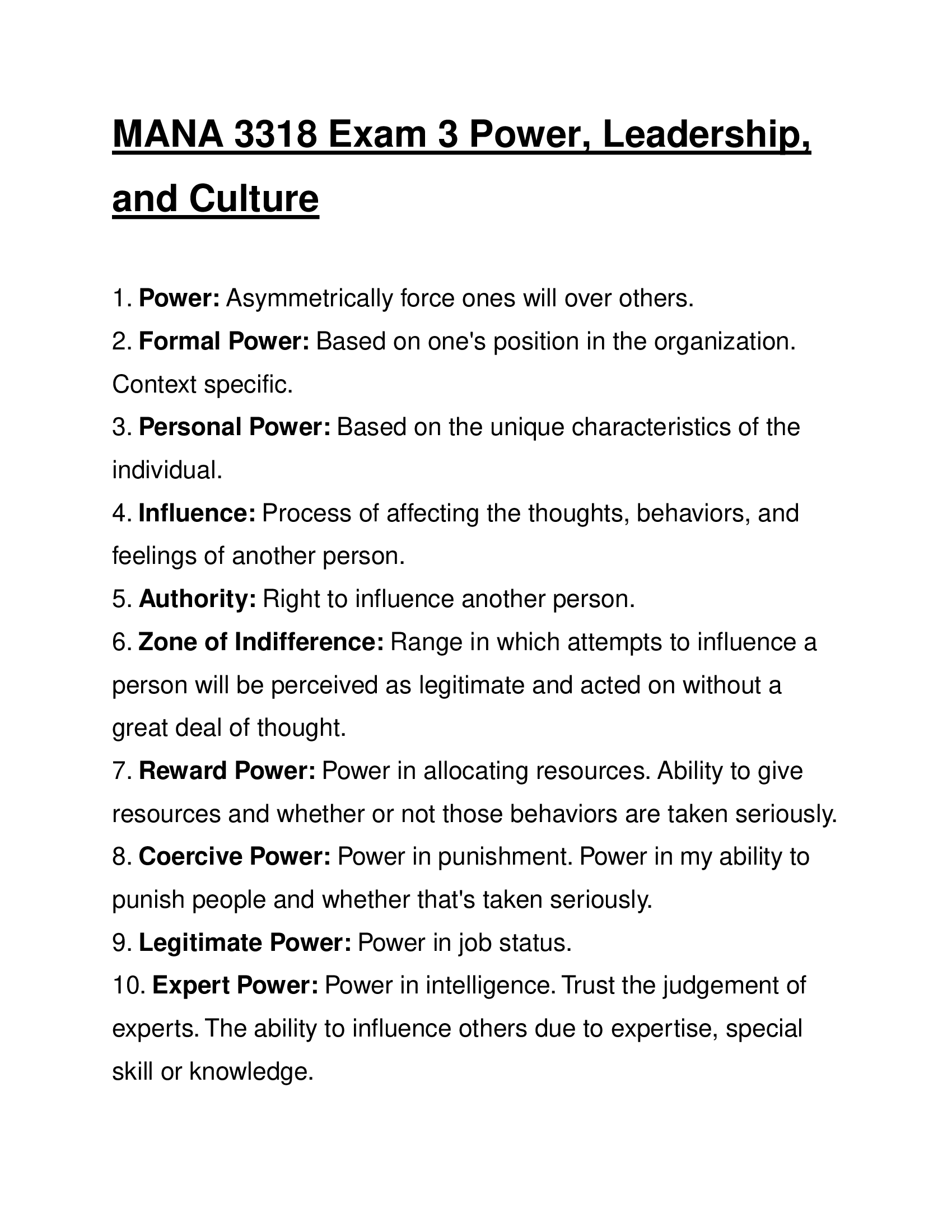 MANA 3318 Exam 3  Power, Leadership, and Culture