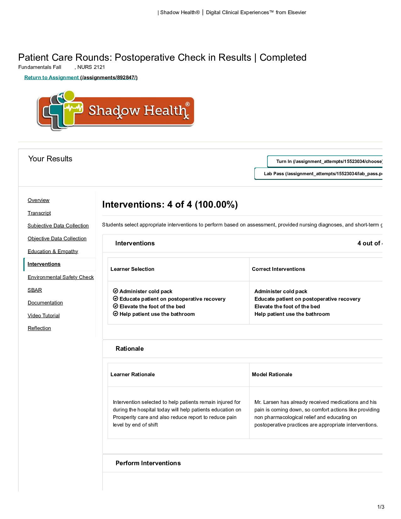 Shadow Health Patient Care Rounds Postoperative Check-In Results | Completed | NURS 2121 Fundamentals
