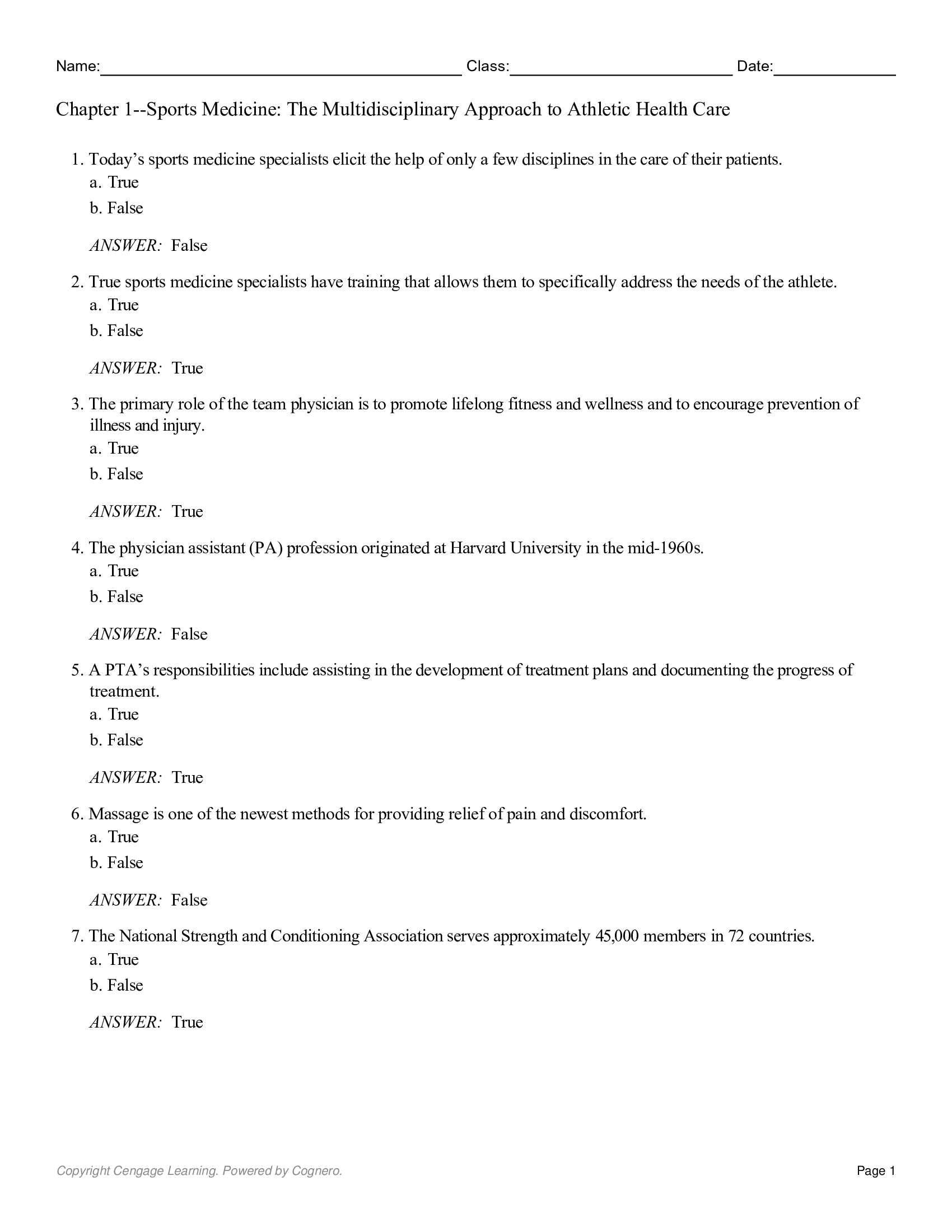 Test Bank for Introduction to Sports Medicine and Athletic Training 3rd Edition by France