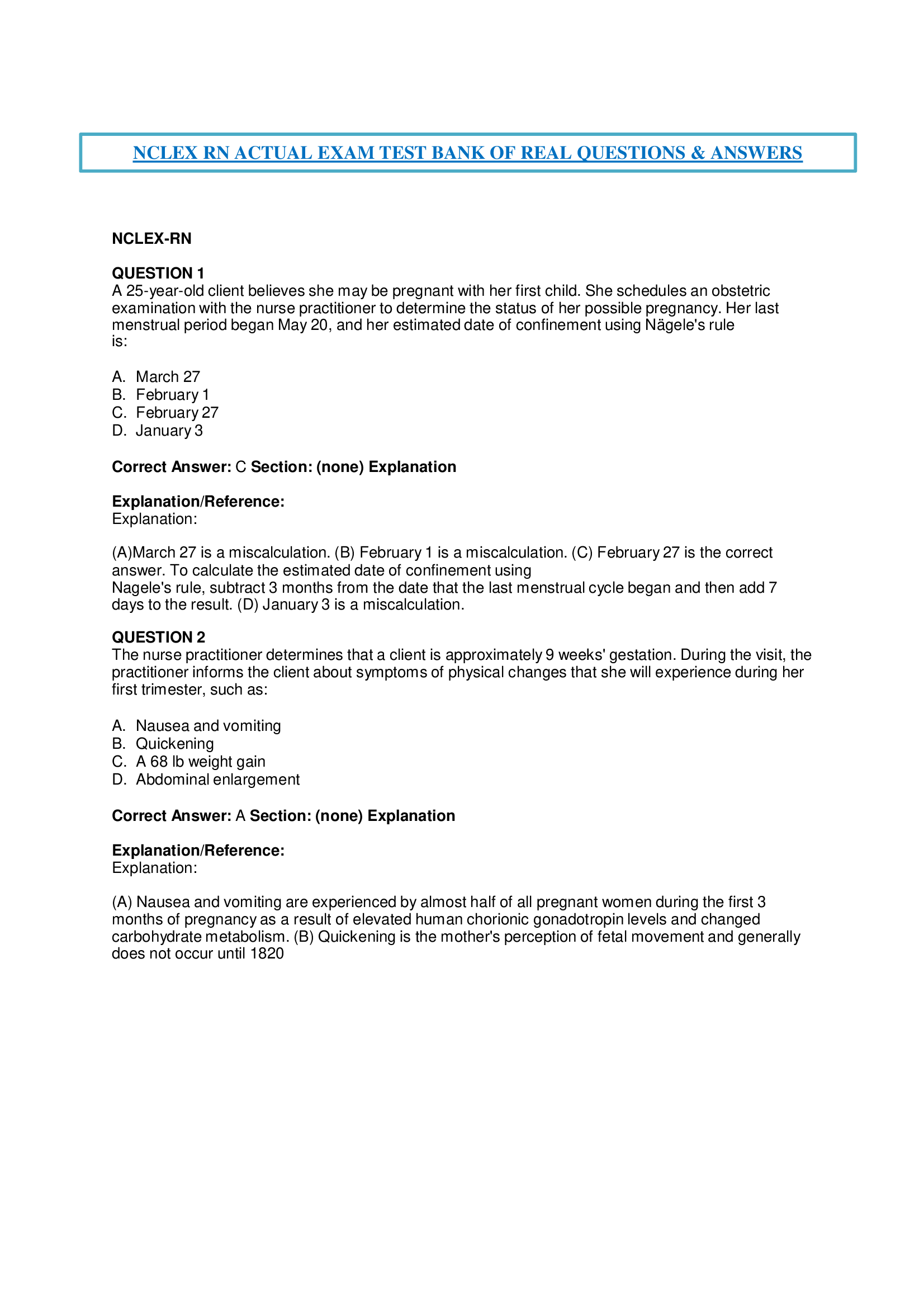 NCLEX RN ACTUAL EXAM TEST BANK OF REAL QUESTIONS & ANSWERS