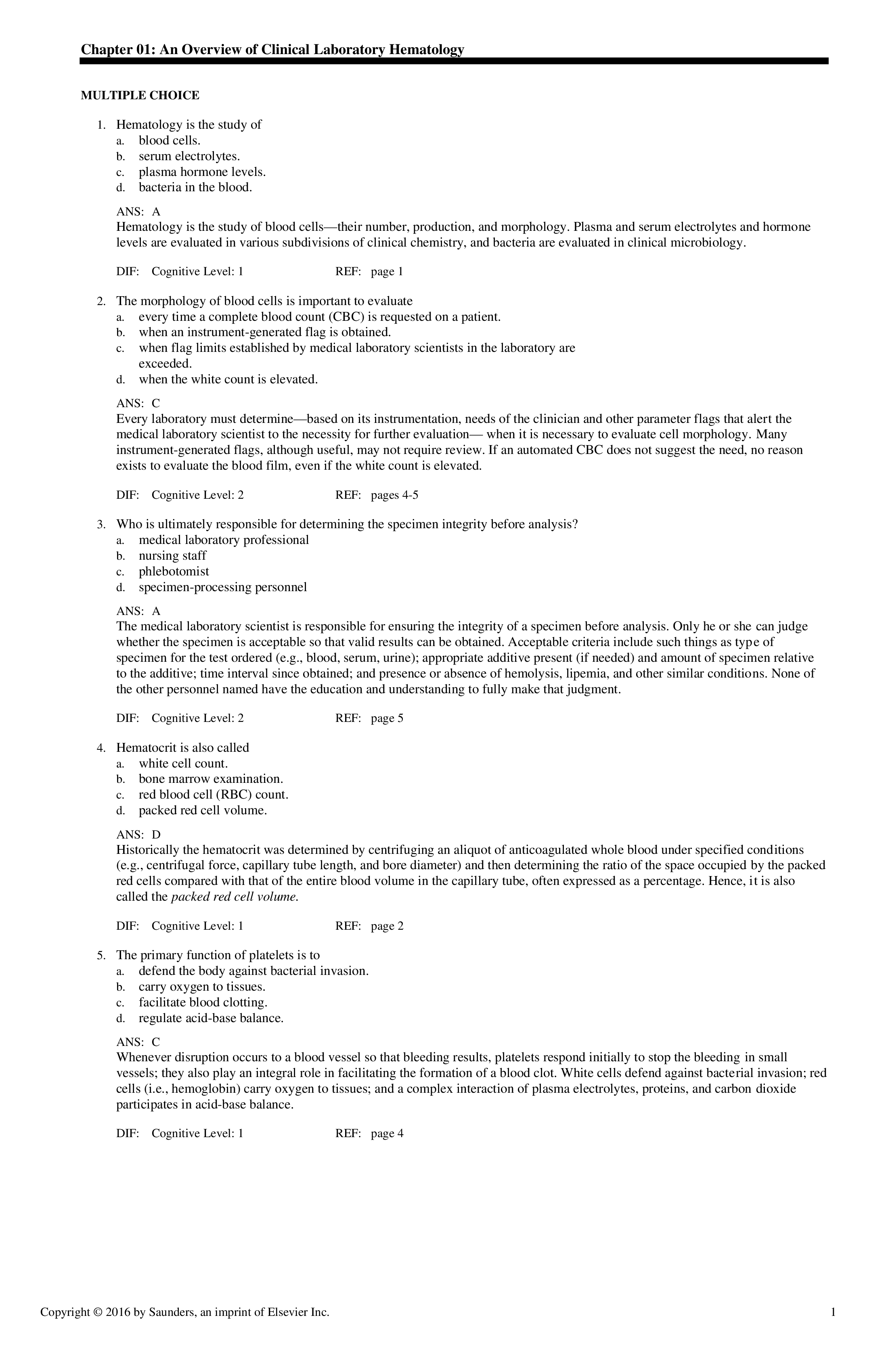 Test Bank for Rodaks Hematology 5th Edition by Keohane