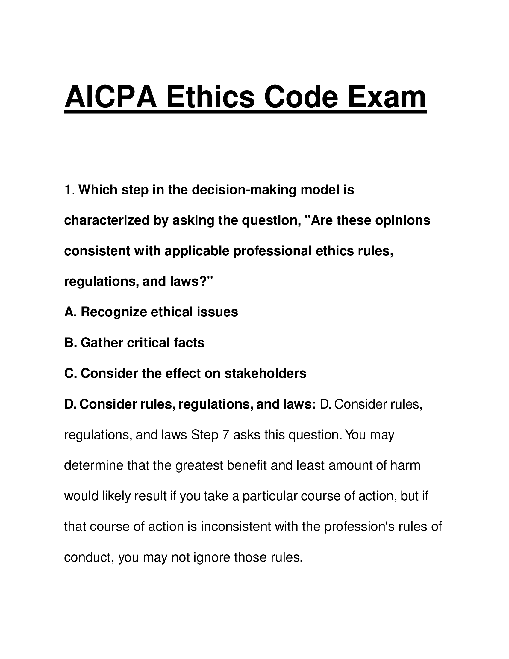 AICPA Ethics Code Exam – Complete Multiple-Choice Practice Questions with Answers and Explanations