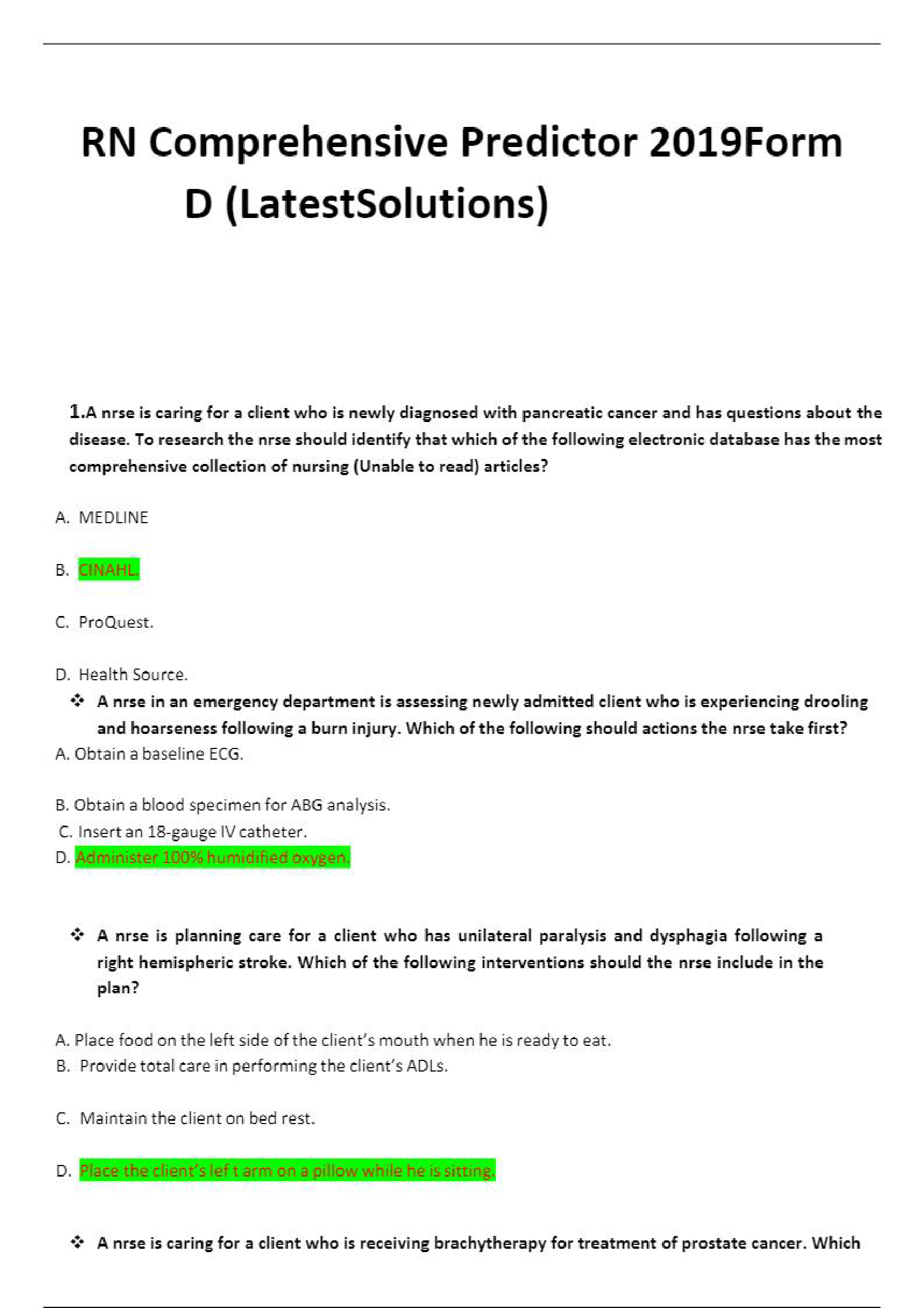 Ati Exit exam RN Comprehensive Predictor 2019 Form D