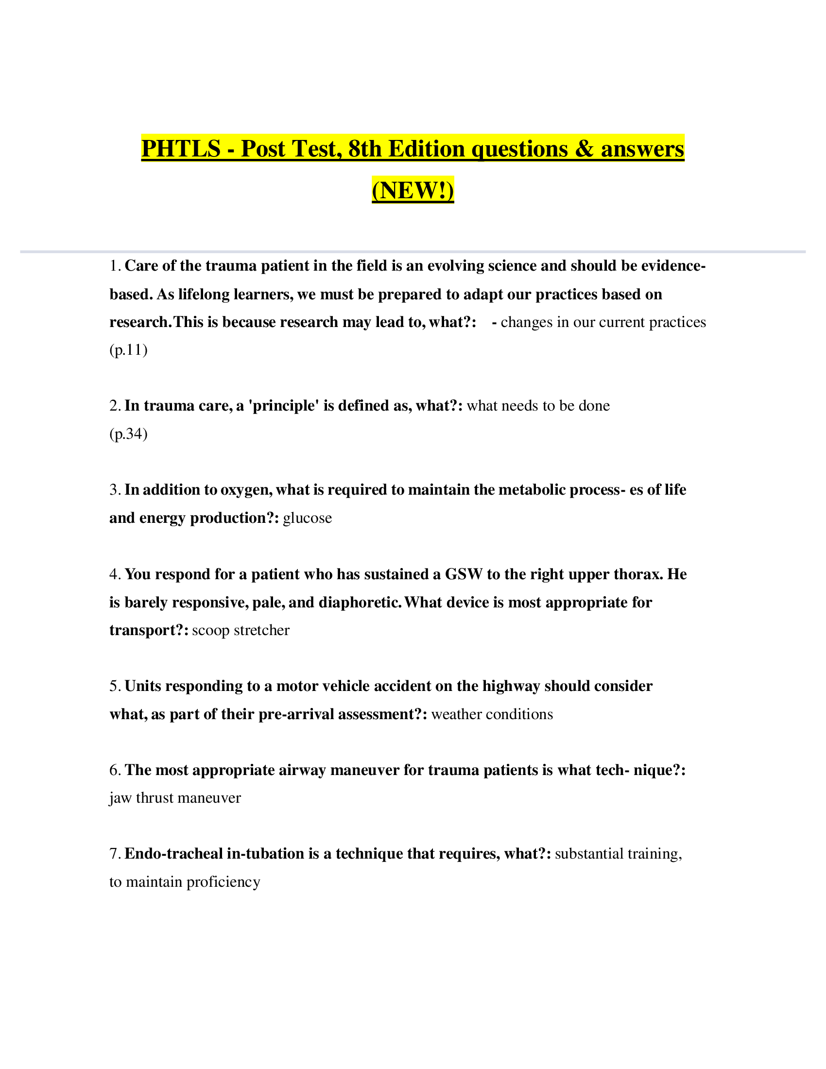 PHTLS - Post Test, 8th Edition questions & answers (NEW!)