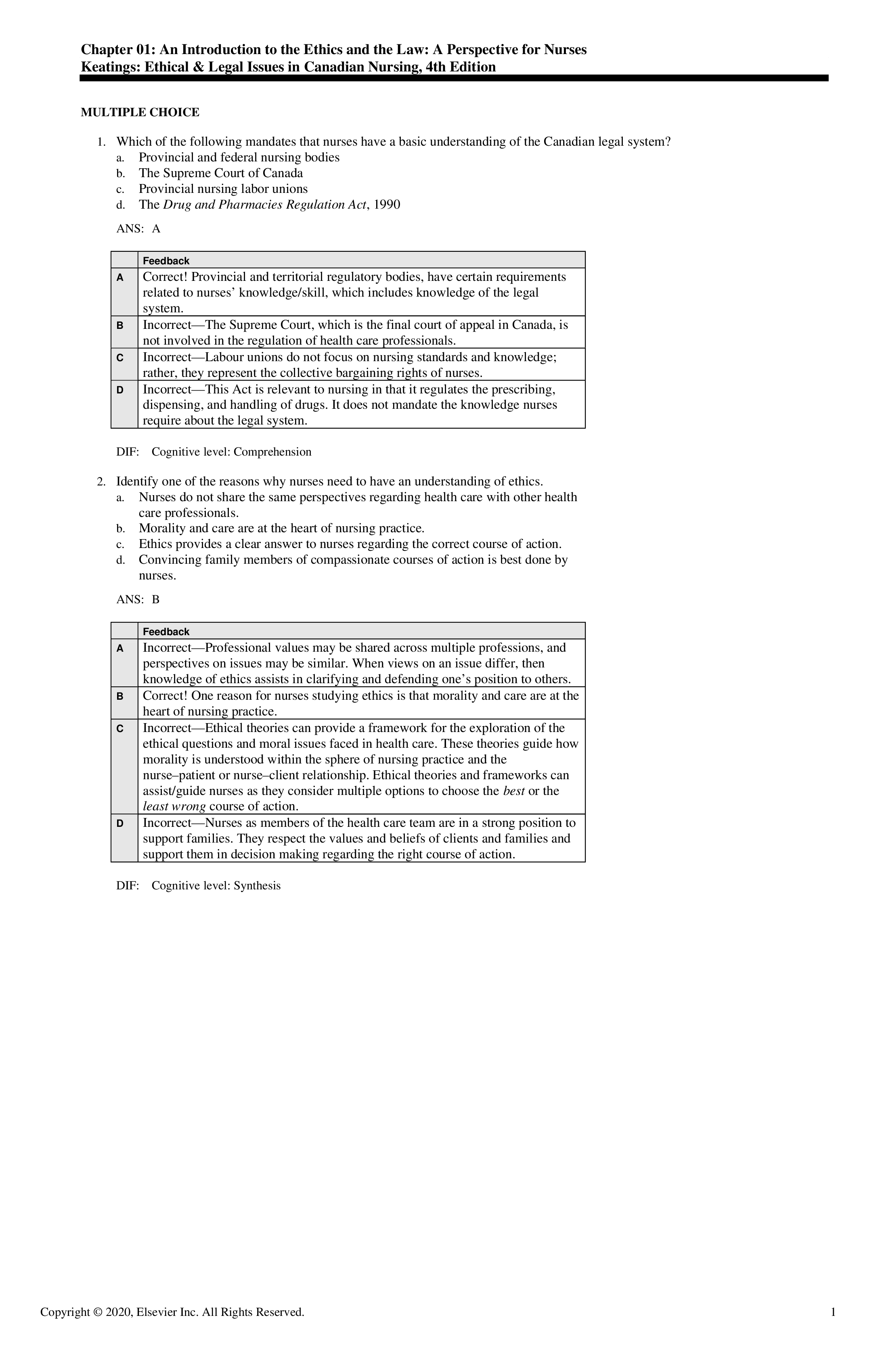 Test Bank for Ethical and Legal Issues in Canadian Nursing 4th Edition by Keatings