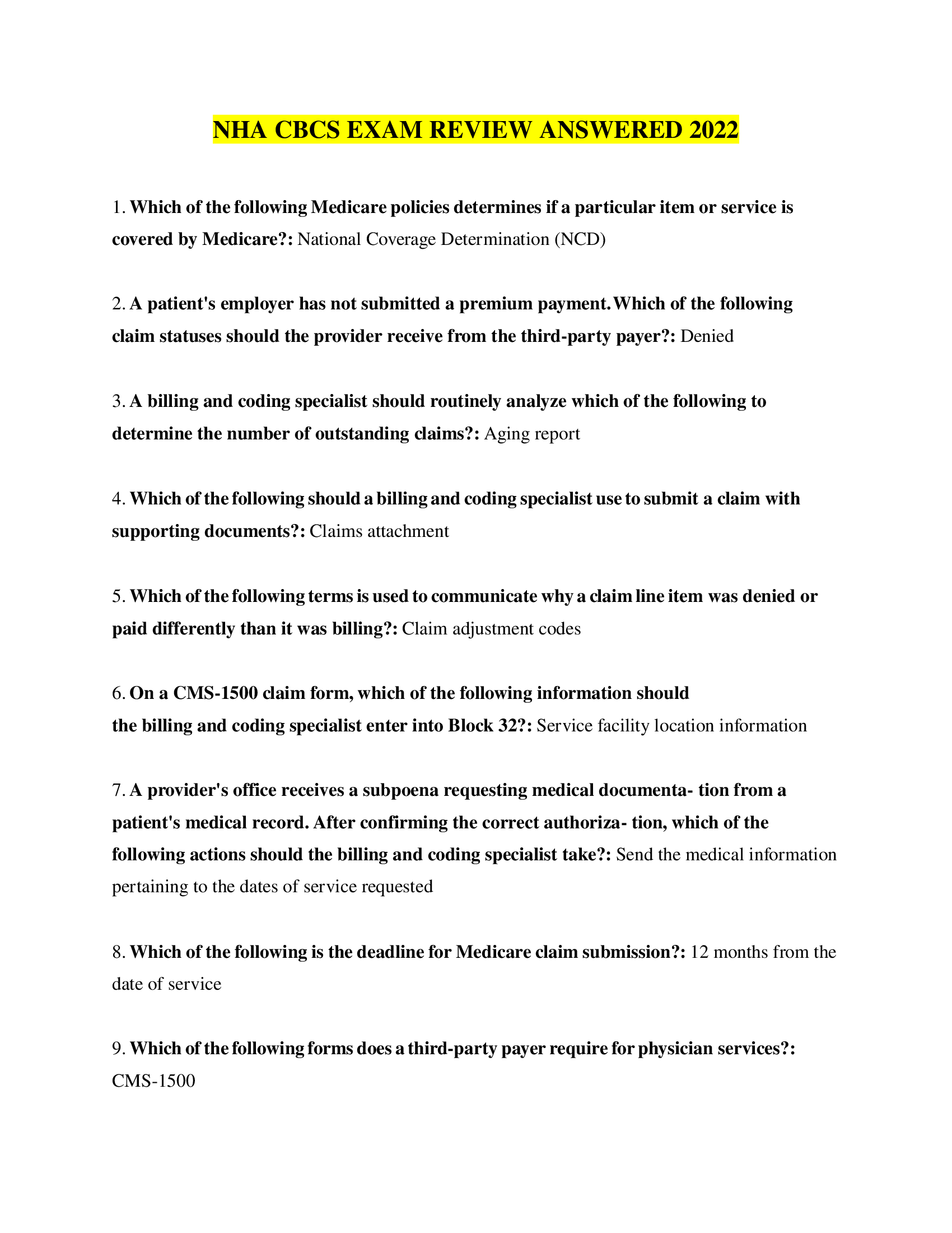 NHA CBCS EXAM REVIEW ANSWERED 2022