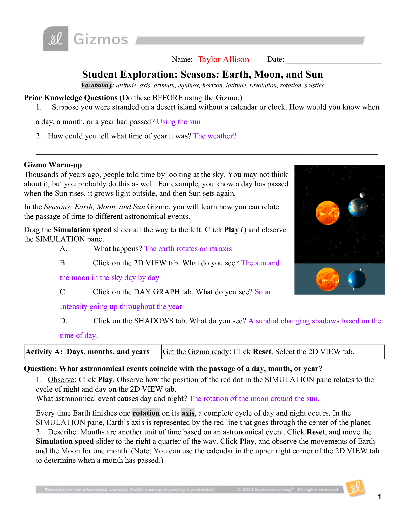 GIZMOs - Student Exploration, Seasons, Earth, Moon, and Sun (Questions and Answers) 100 CORRECT