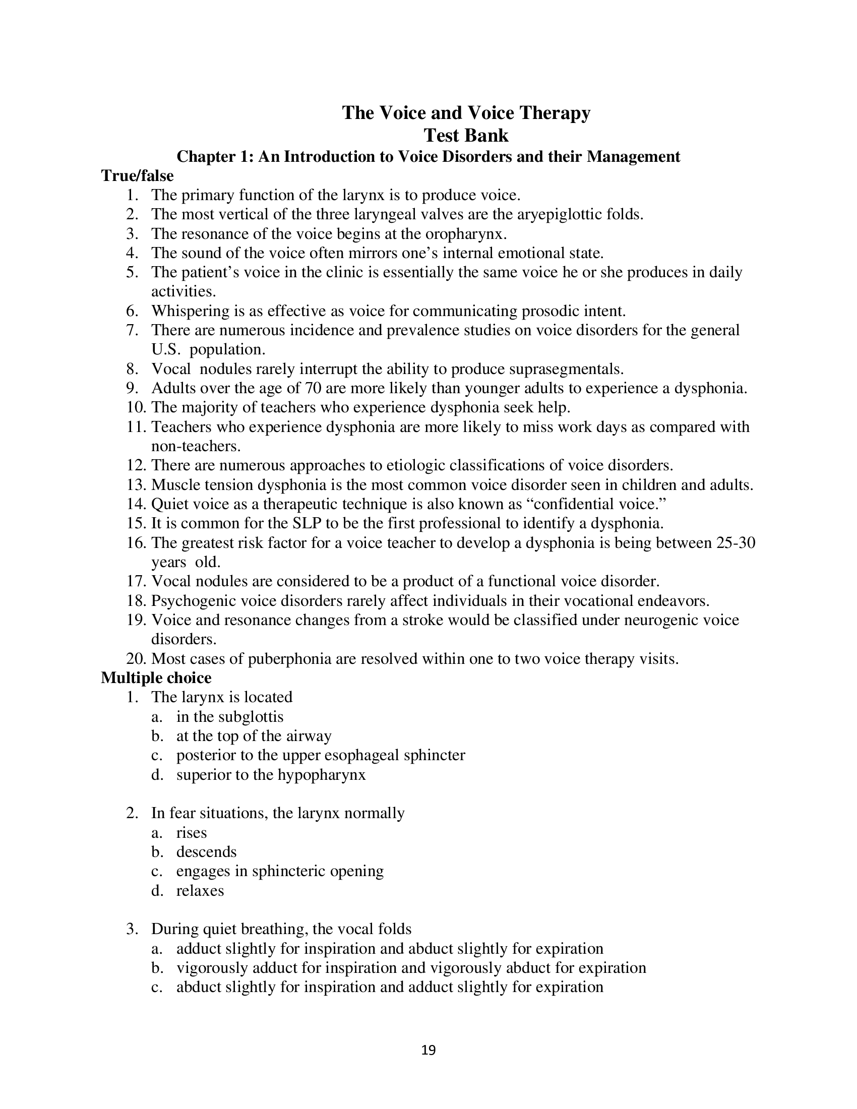 Test Bank for The Voice and Voice Therapy 9th Edition by Boone