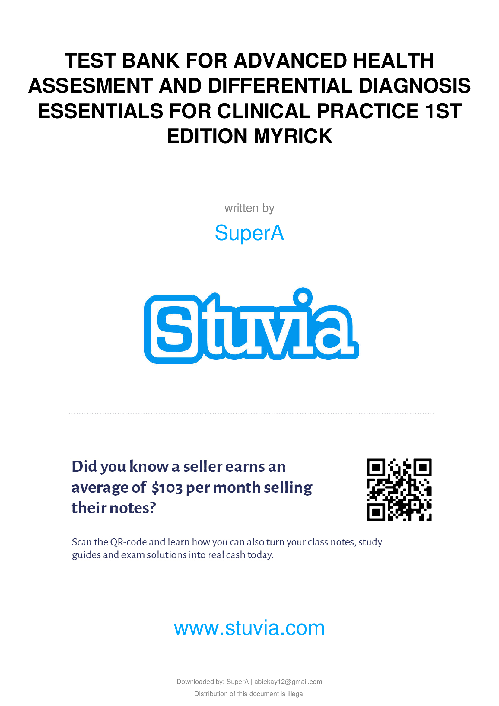TEST-BANK FOR ADVANCED HEALTH ASSESMENT AND DIFFERENTIAL DIAGNOSIS ESSENTIALS FOR CLINICAL PRACTICE 1ST EDITION MYRICK