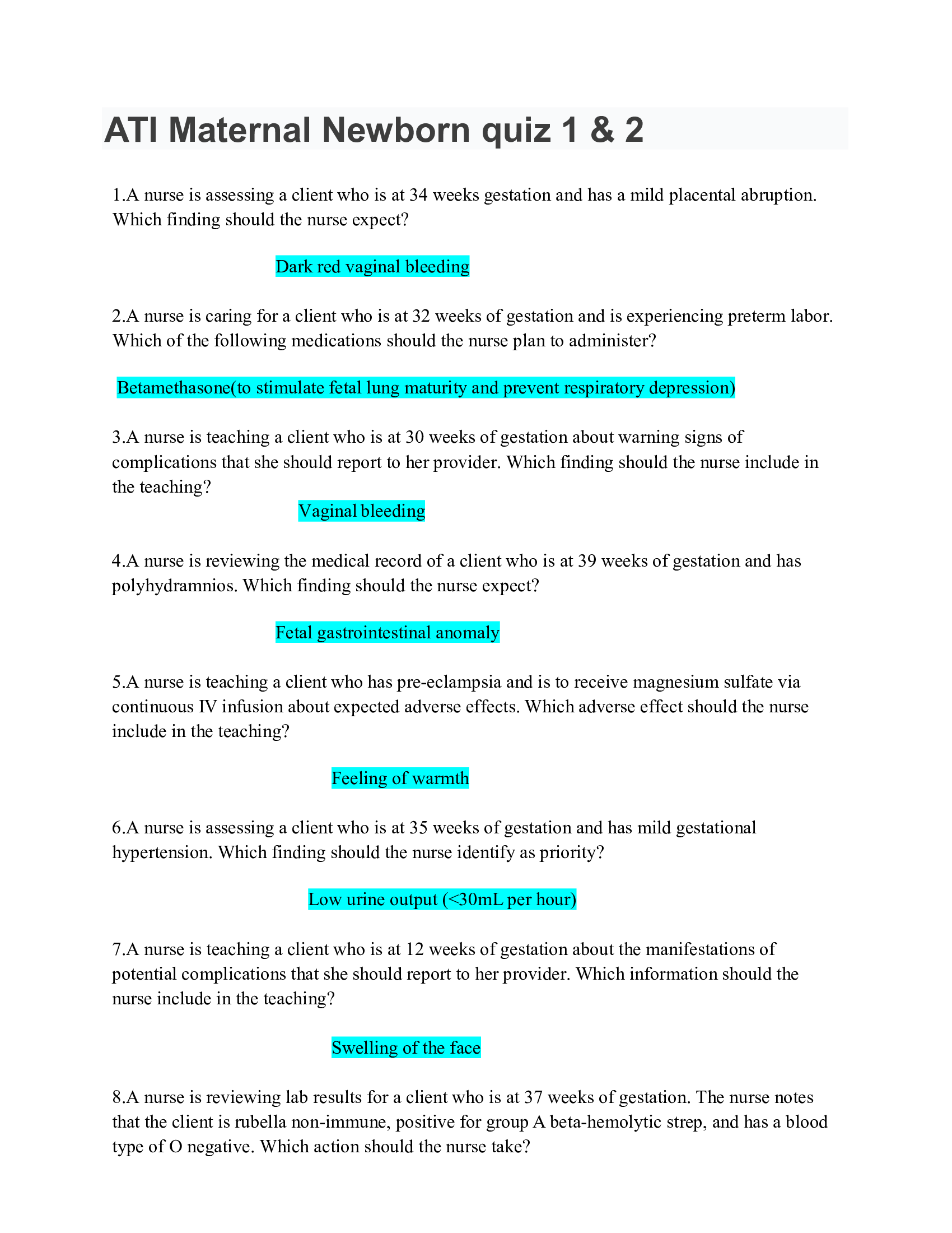 ATI Maternal Newborn quiz 1 & 2 2021
