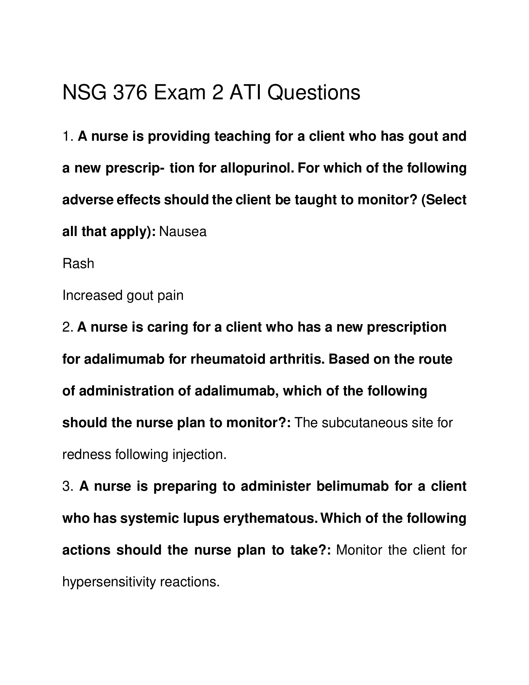 NSG 376 Exam 2 ATI Questions – Comprehensive Review on Pharmacology, Medications, and Nursing Interventions