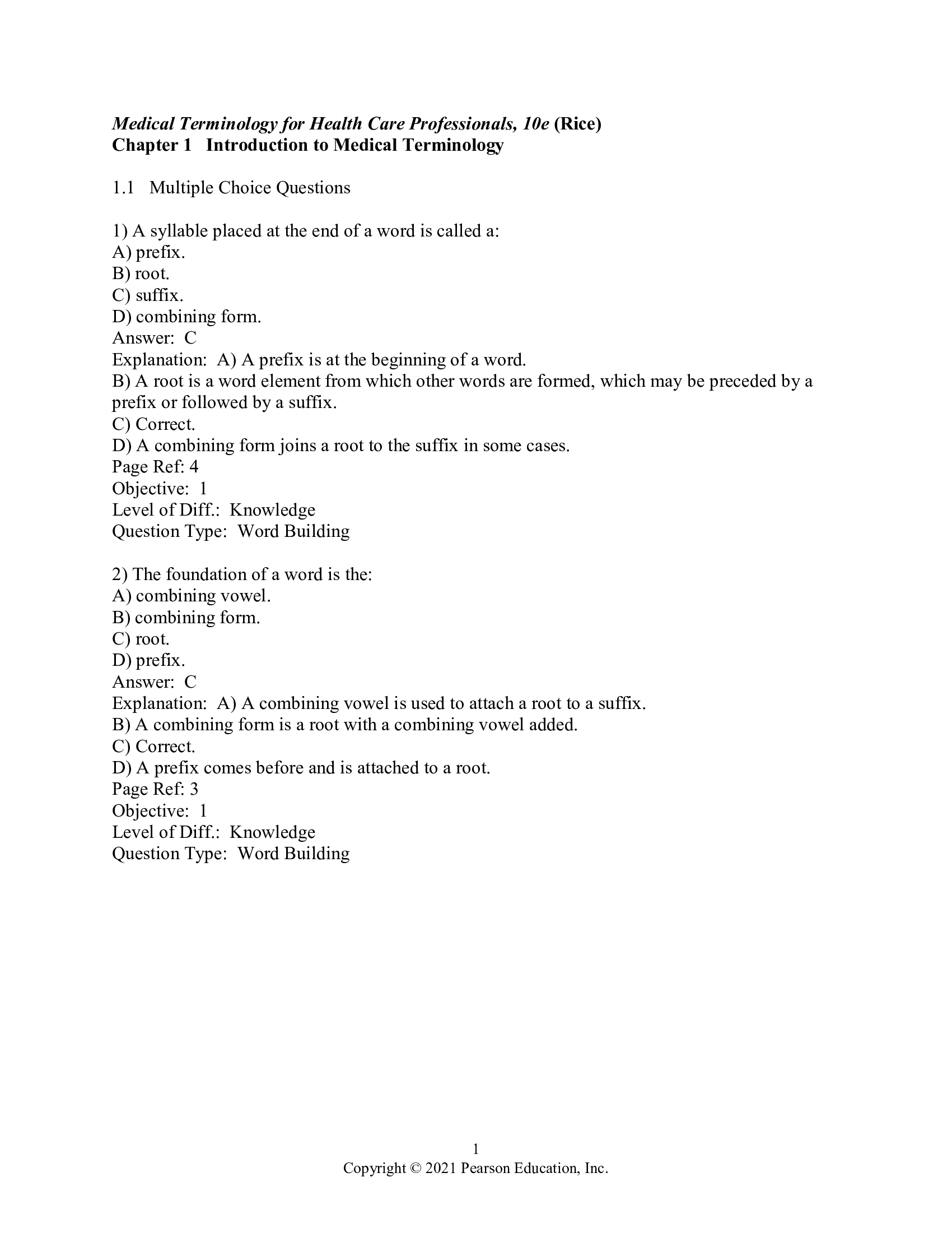 Test Bank for Medical Terminology for Healthcare Professionals 10th Edition by Rice