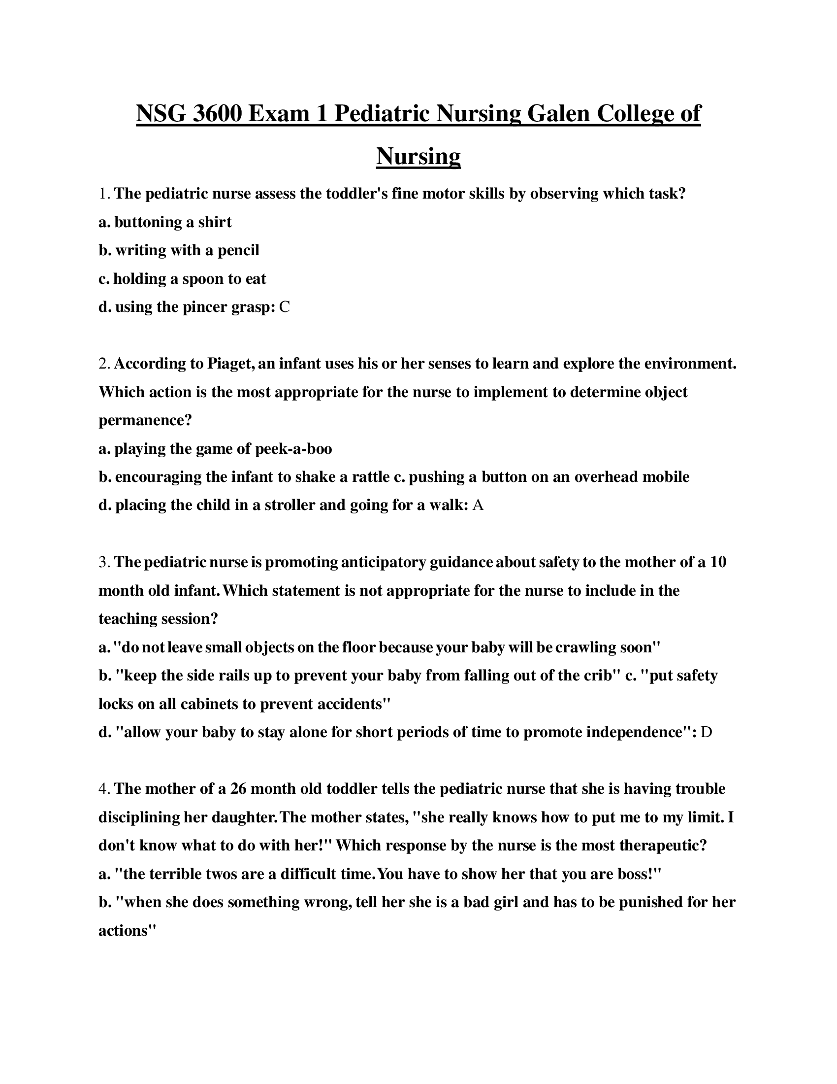 NSG 3600 Exam 1 Pediatric Nursing Galen College of Nursing