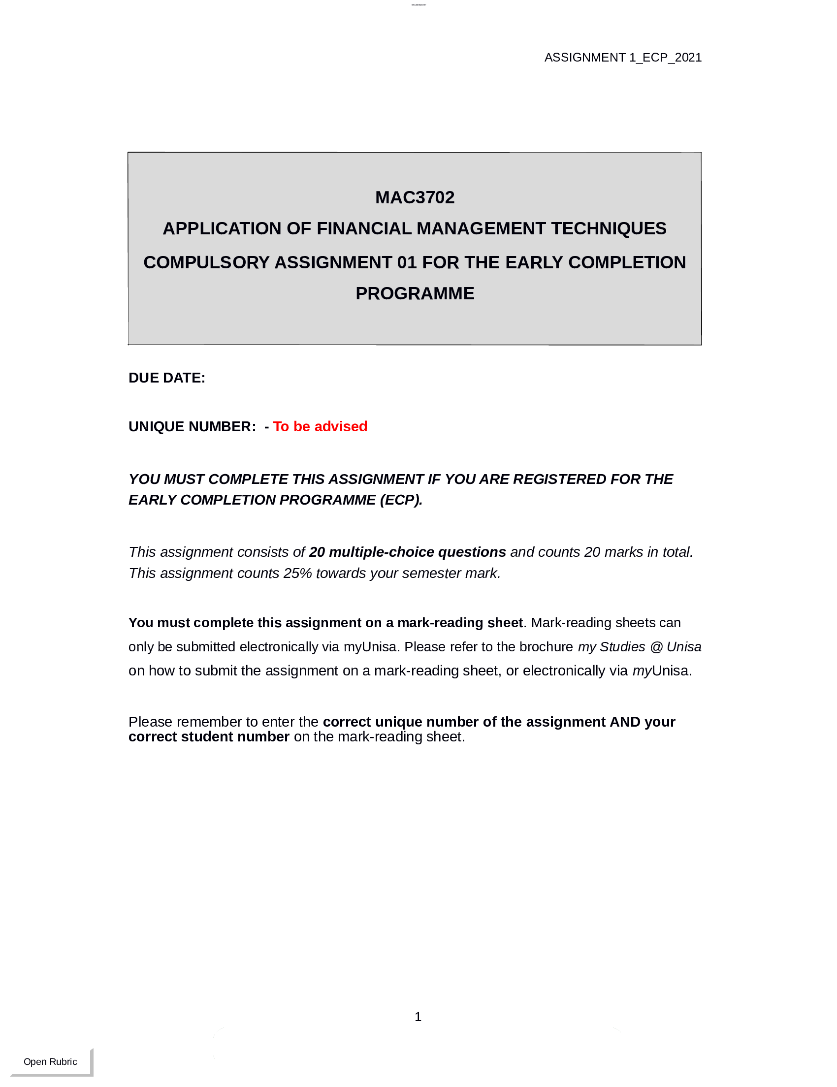 MAC3702 Application of Financial Management Techniques Compulsory Assignment 01 for The Early Completion Programme (2026 Update)