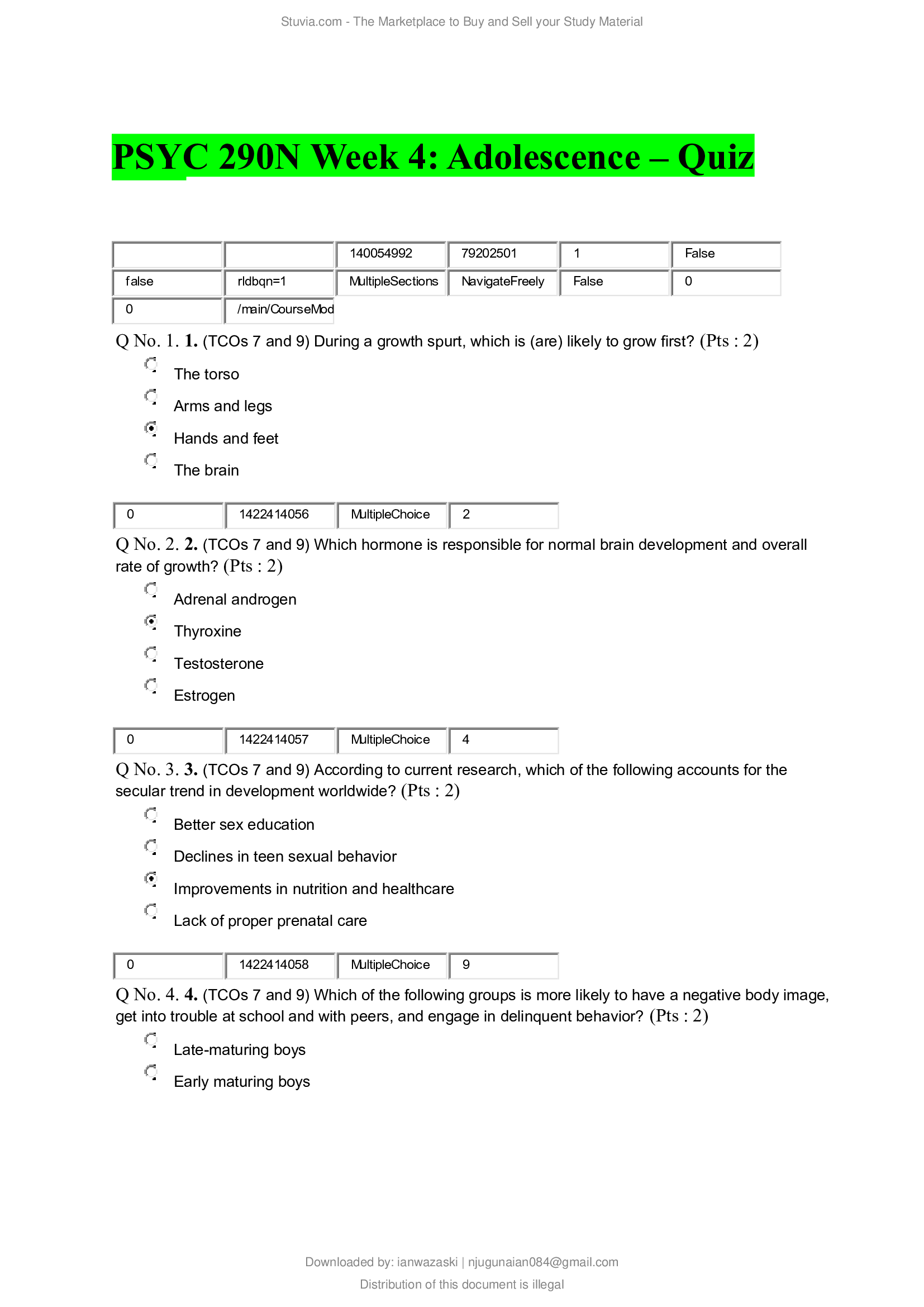 PSYC 290N Week 4: Adolescence – Quiz