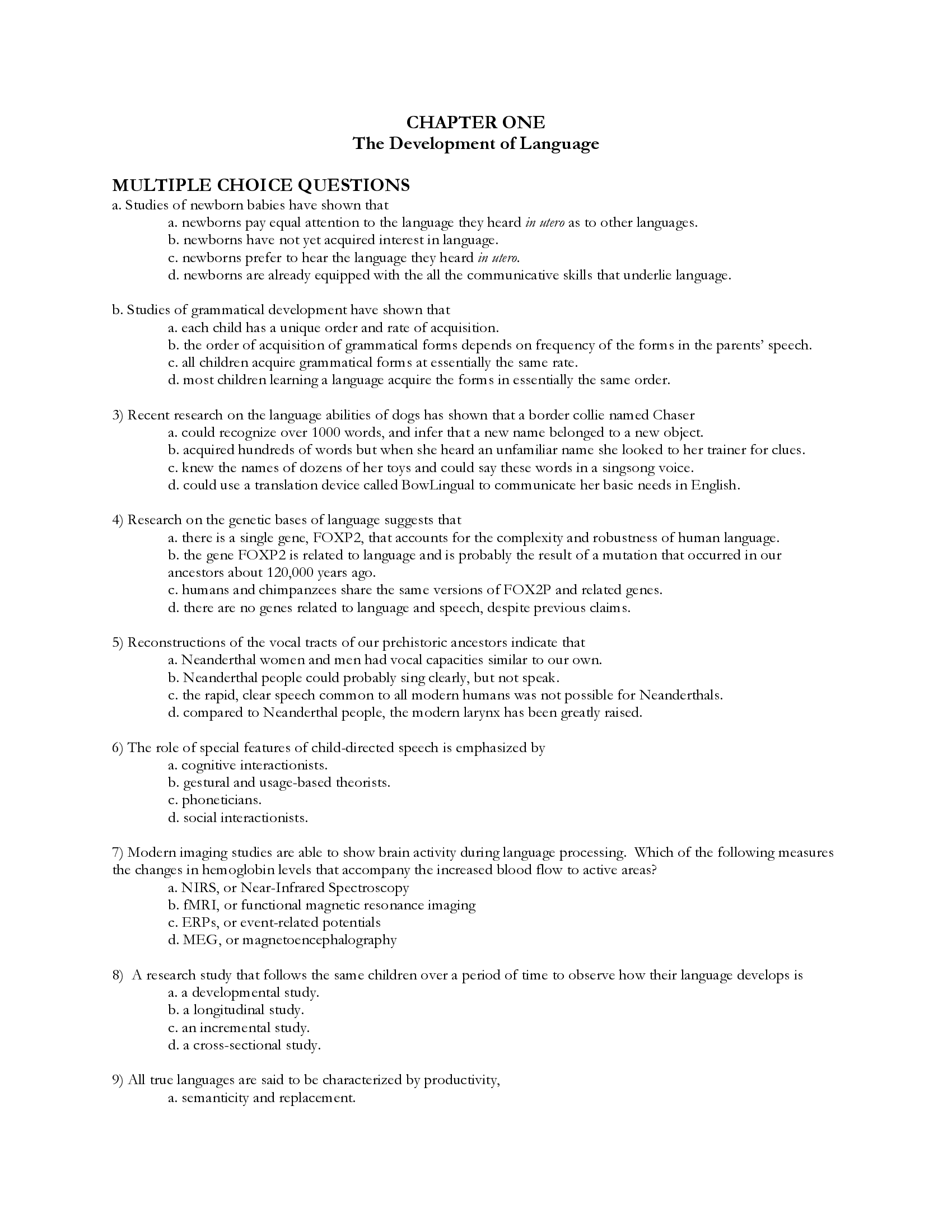 Test Bank for The Development of Language 9th Edition by Gleason