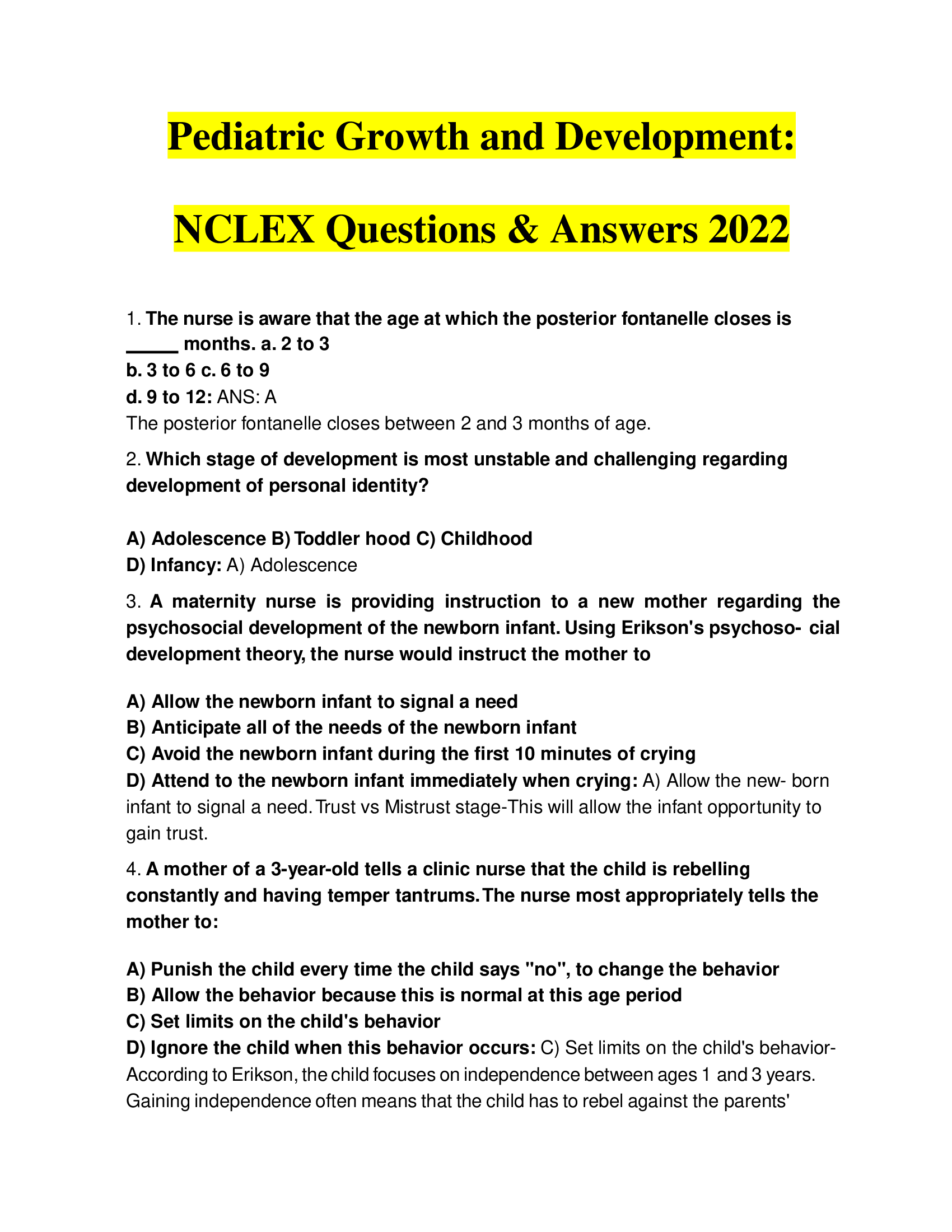 Pediatric Growth and Development Exam, NCLEX Questions & Answers