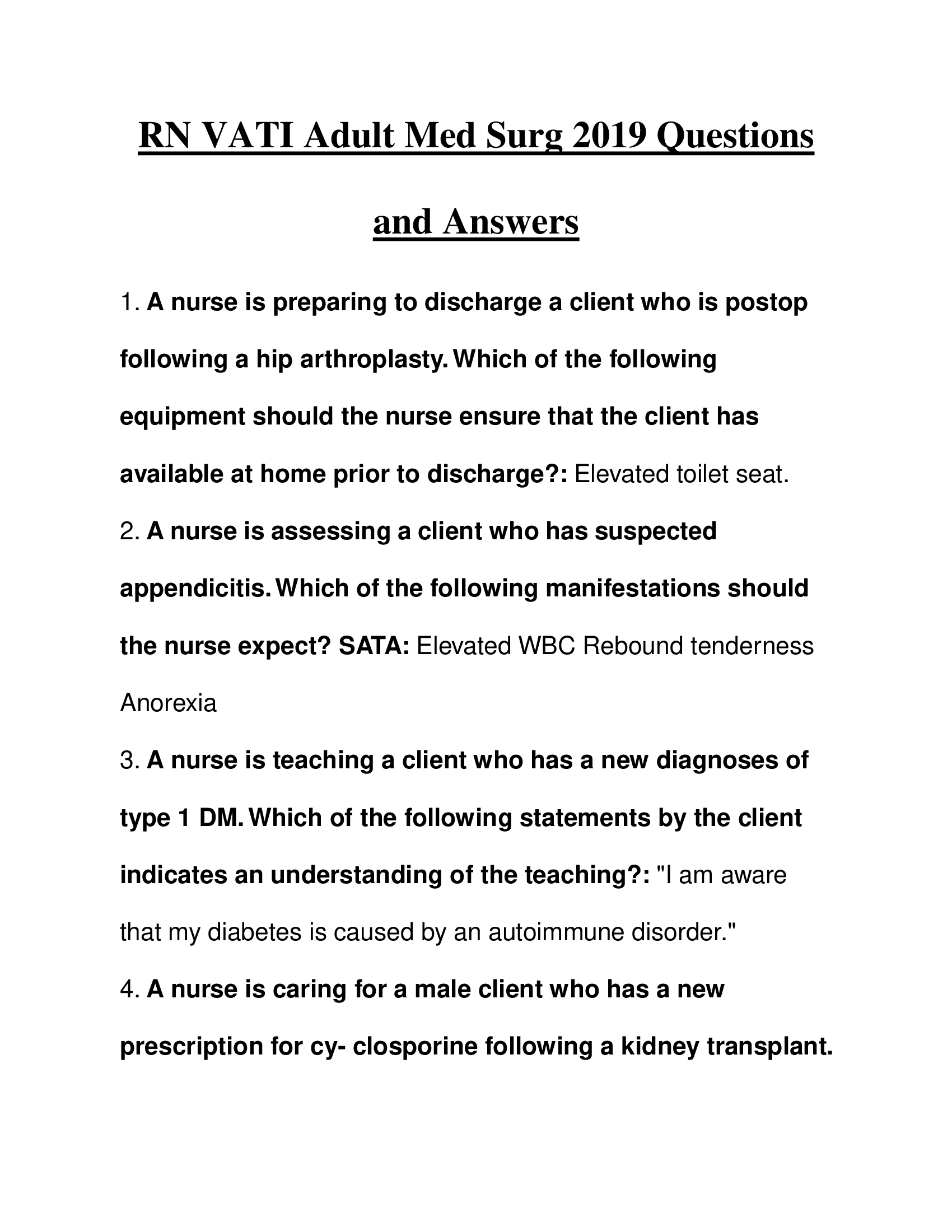 RN VATI Adult Med Surg 2019 Questions and Answers