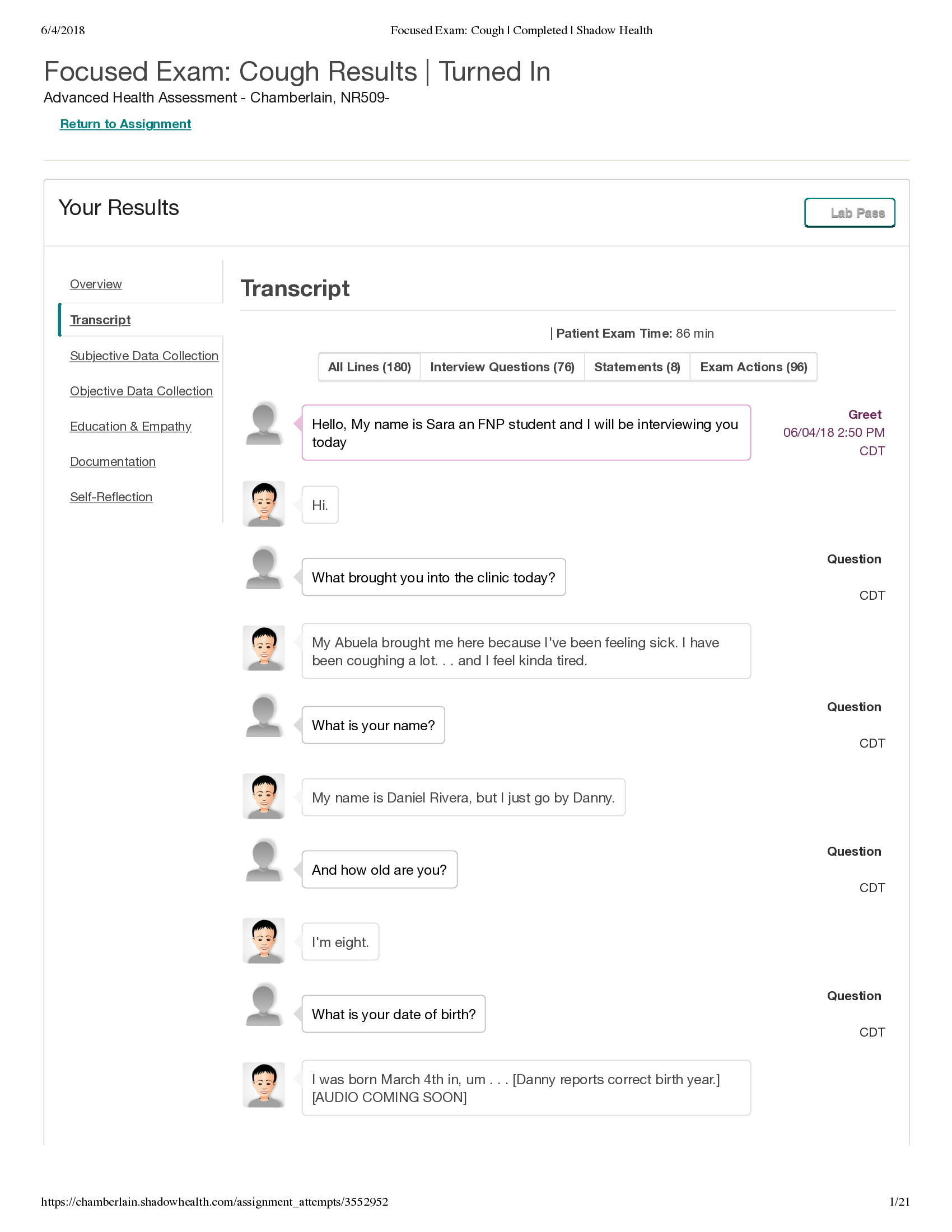 NR509 Focused Exam, Cough Results,  Advanced Health Assessment - Chamberlain