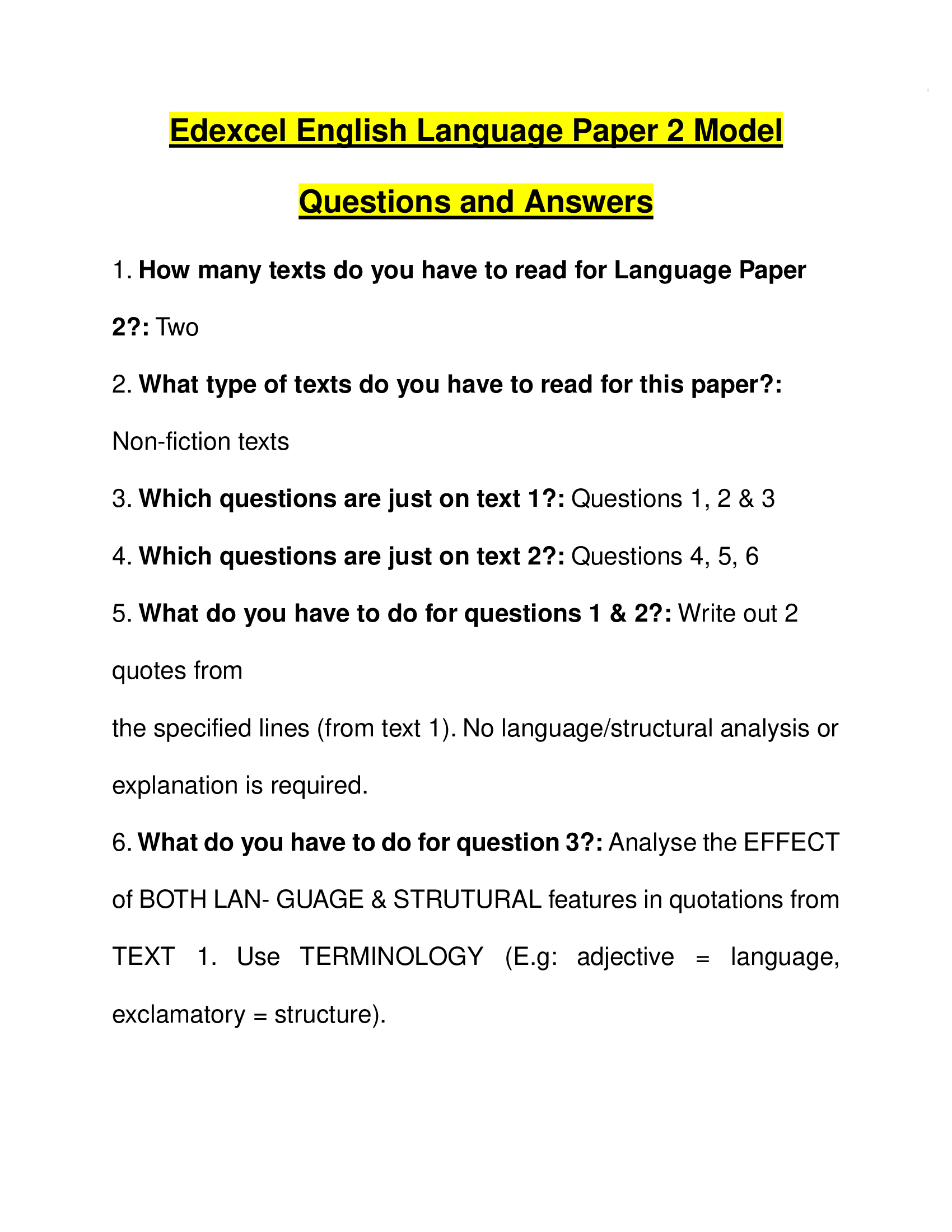 Edexcel English Language Paper 2 Model Questions and Answers