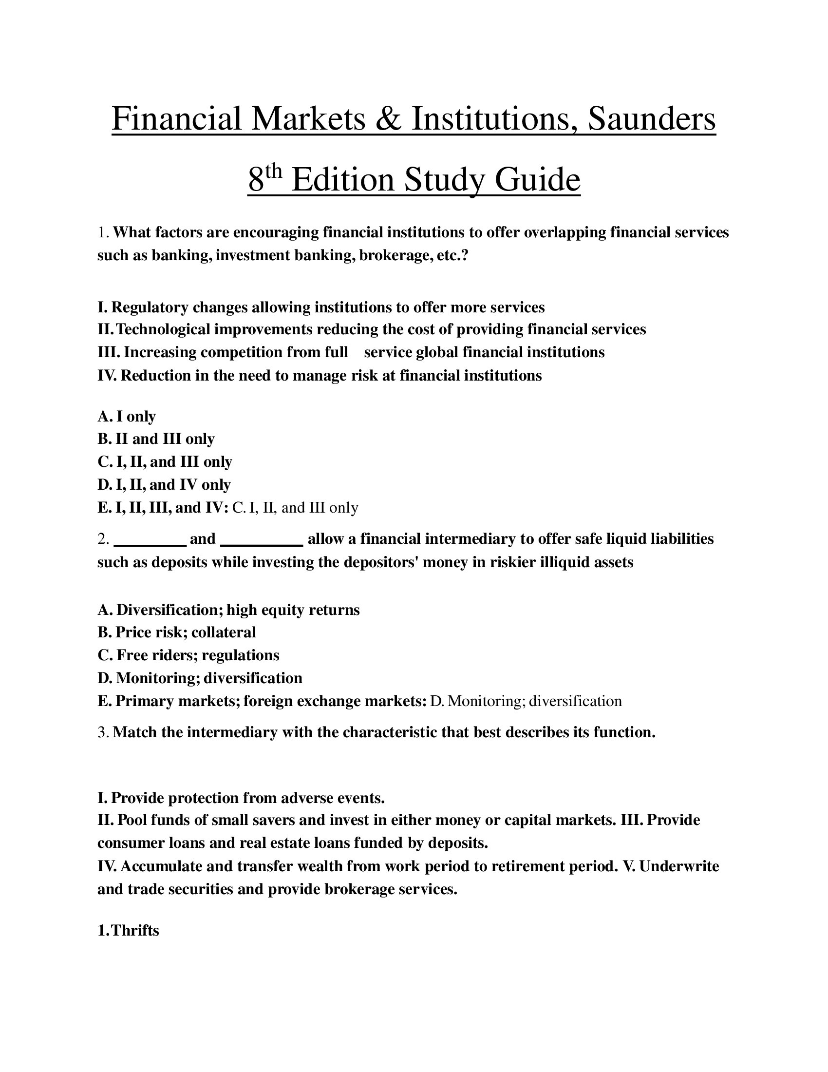 Financial Markets & Institutions, Saunders 8th Edition Study Guide