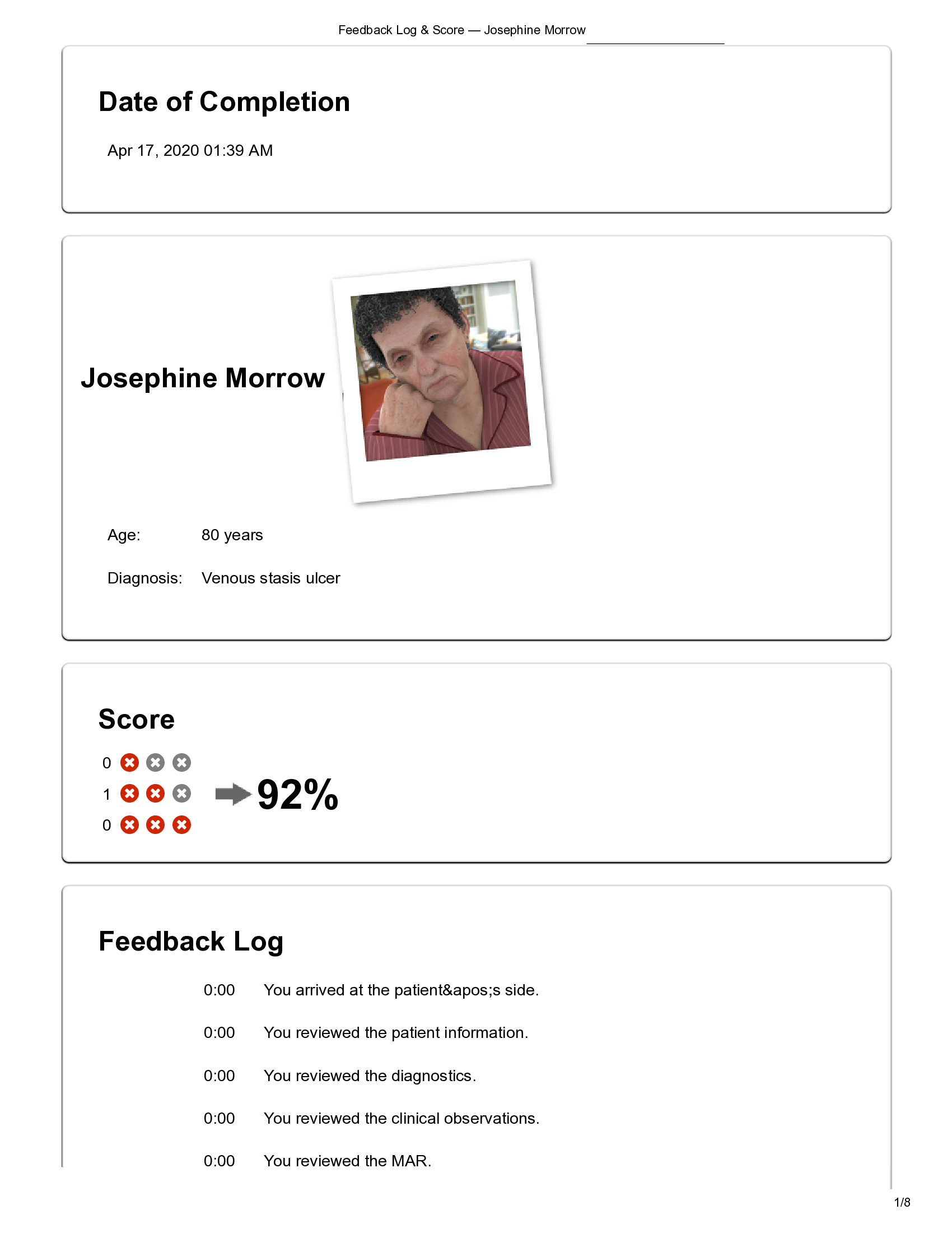 VSIM 3 Josephine Morrow Diagnosis Venous stasis ulcer Feedback Log