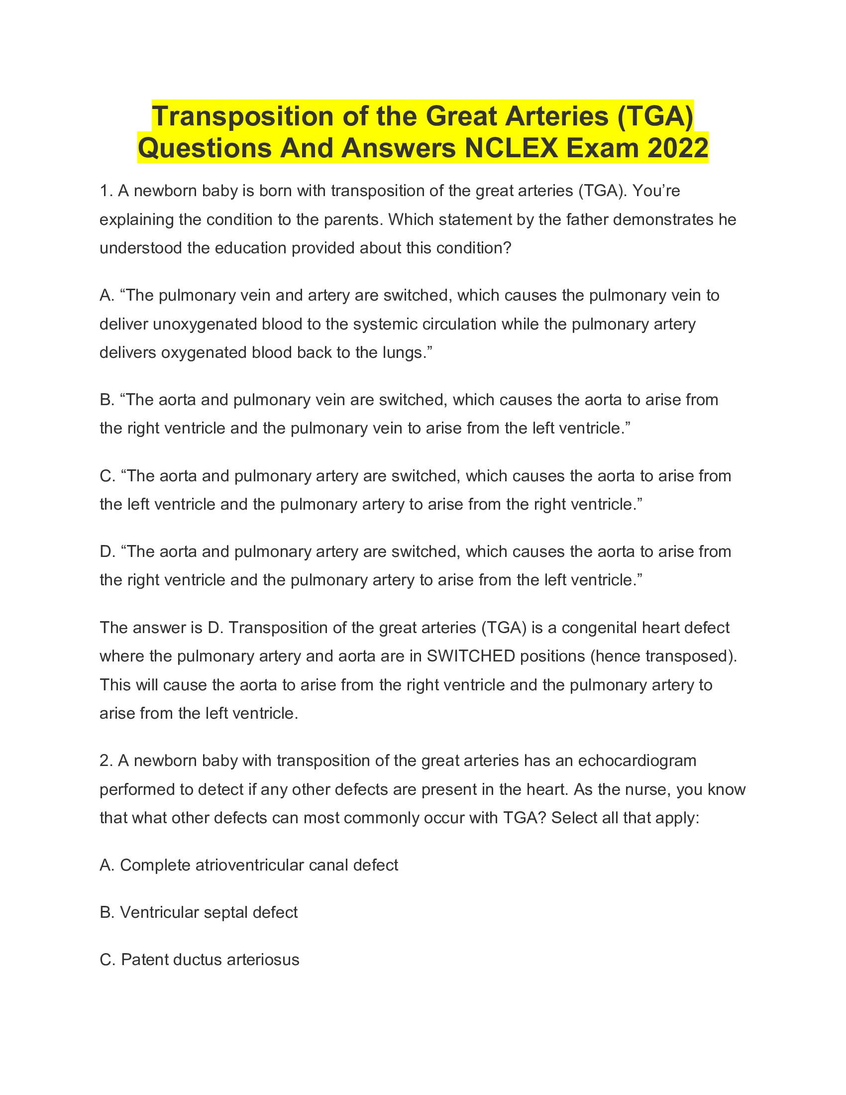 Transposition of the Great Arteries (TGA) Questions And Answers NCLEX Exam