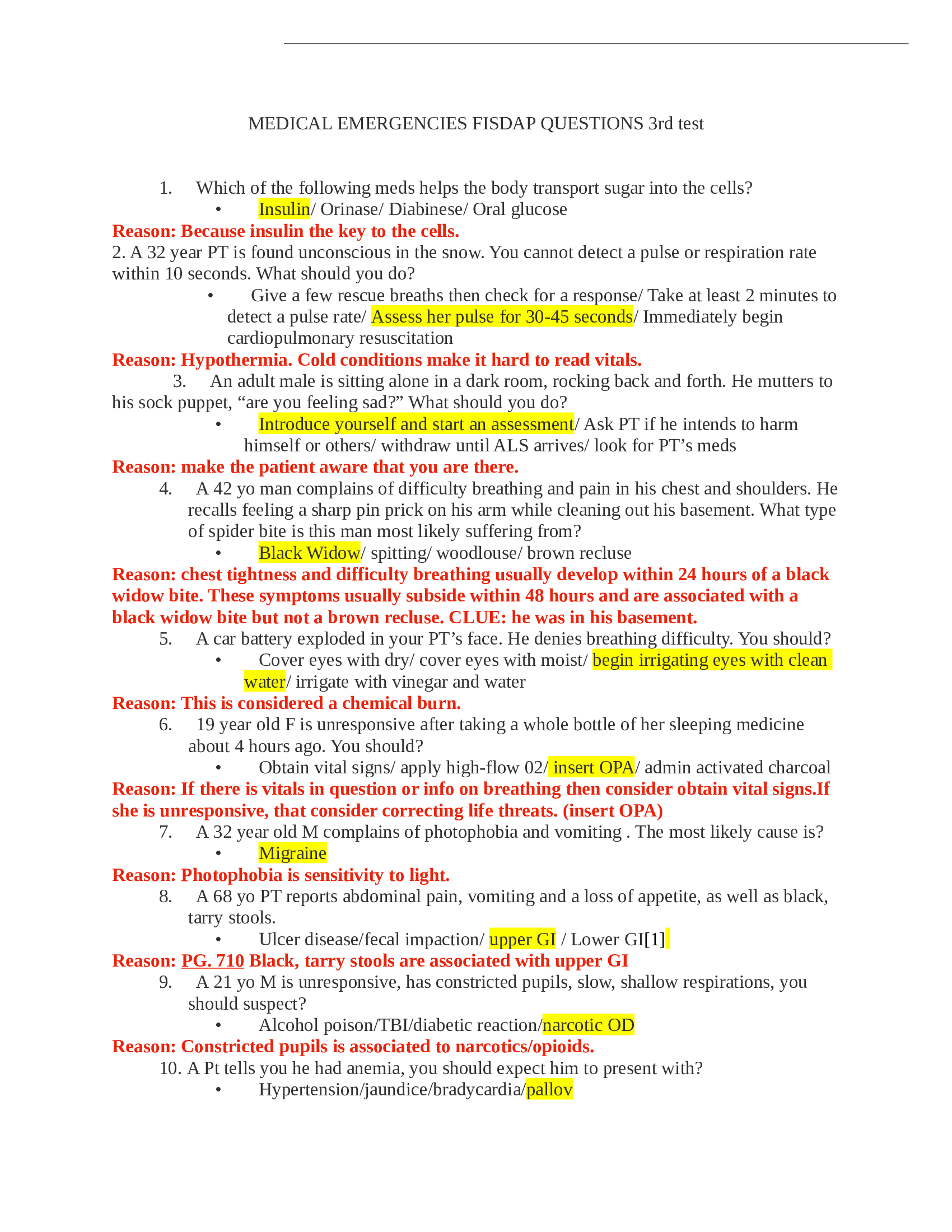Medical Emergencies FISDAP Questions & Answers 3rd Test, Revision Guide