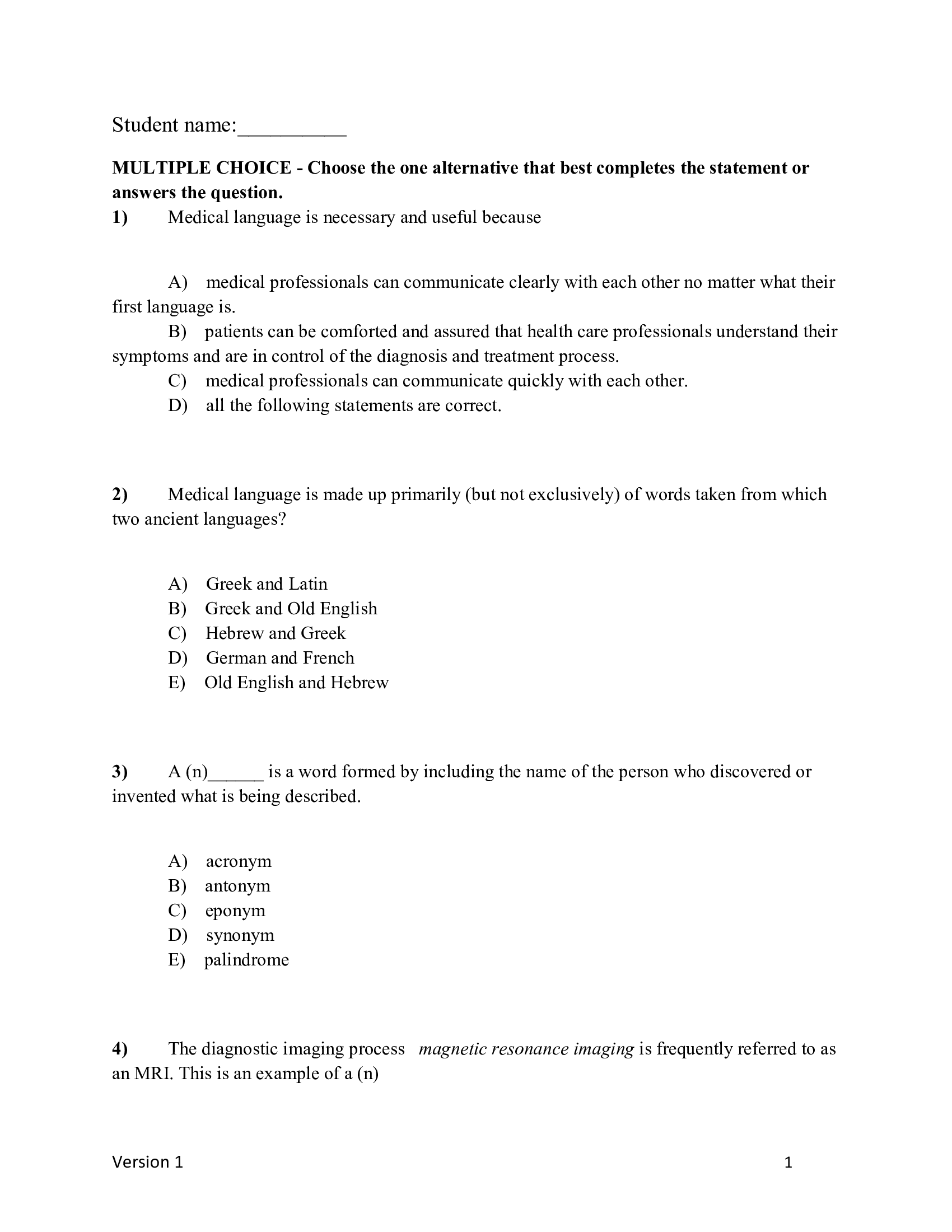 Test Bank for Medical Language Accelerated 2nd Edition By Jones