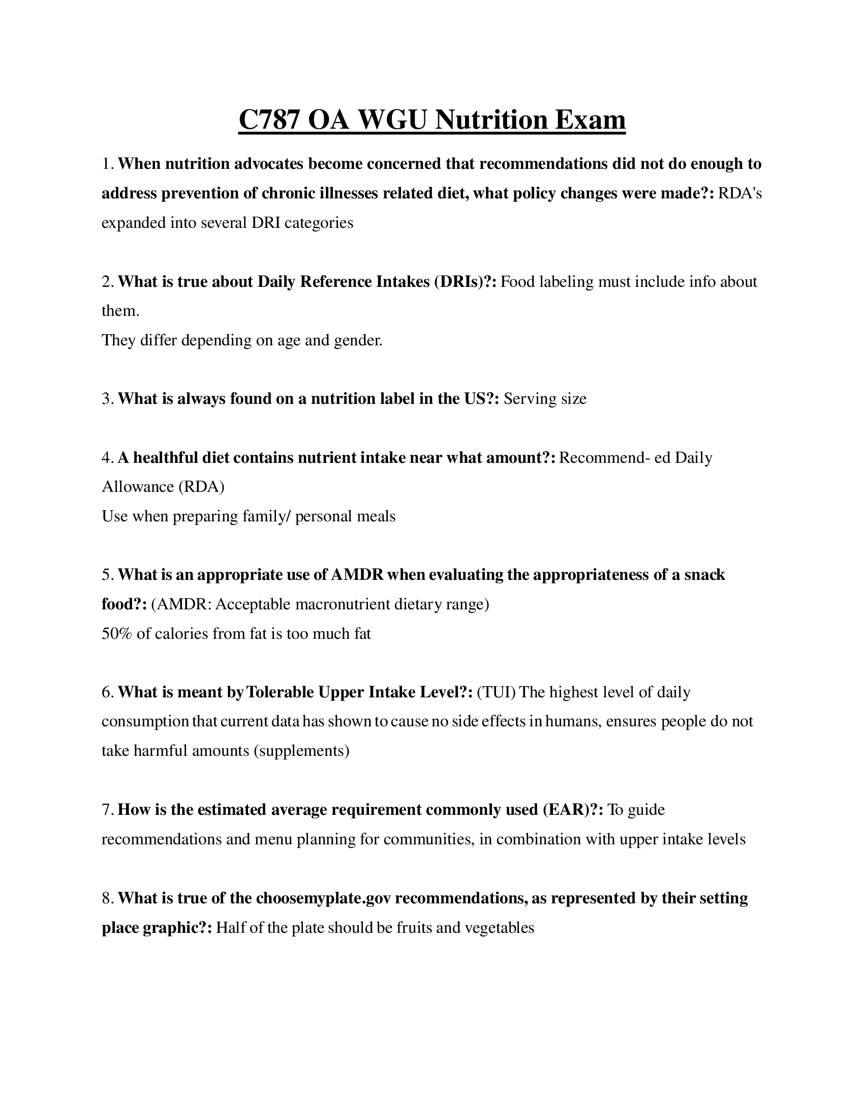 C787 OA WGU Nutrition Exam Questions and Answers