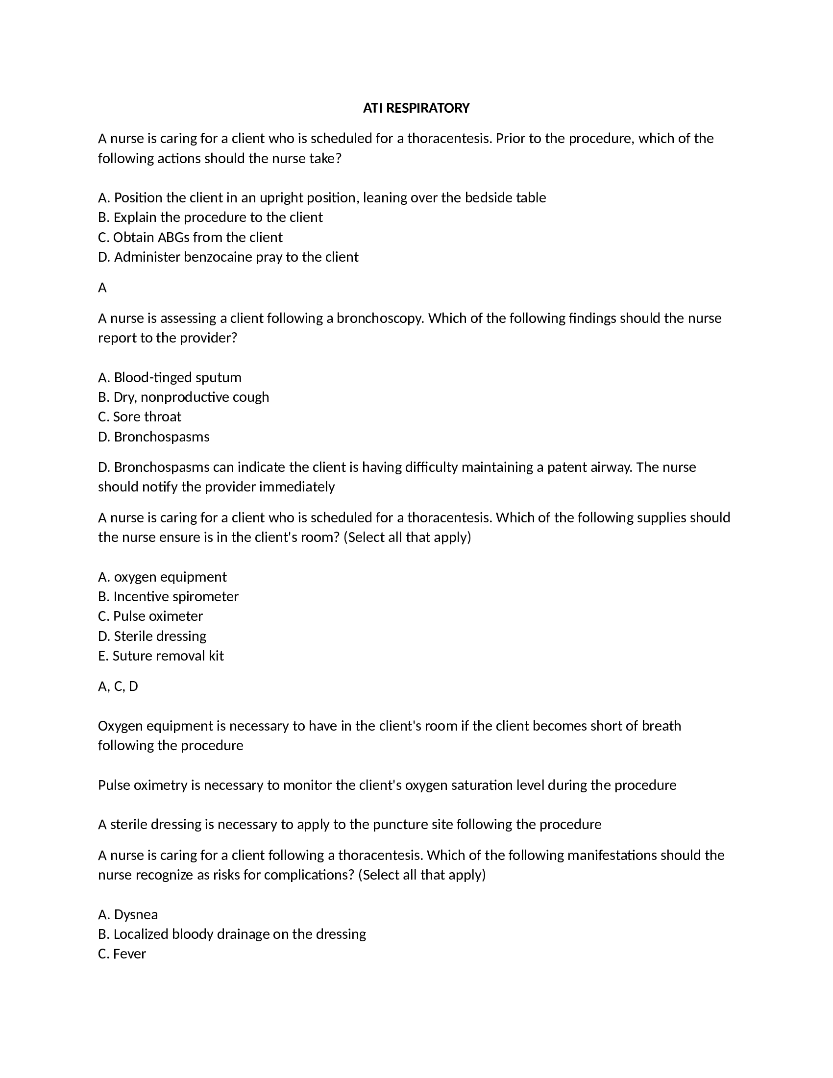 ATI Respiratory, Questions and Answers with Explanations, All Correct, Download to Score A