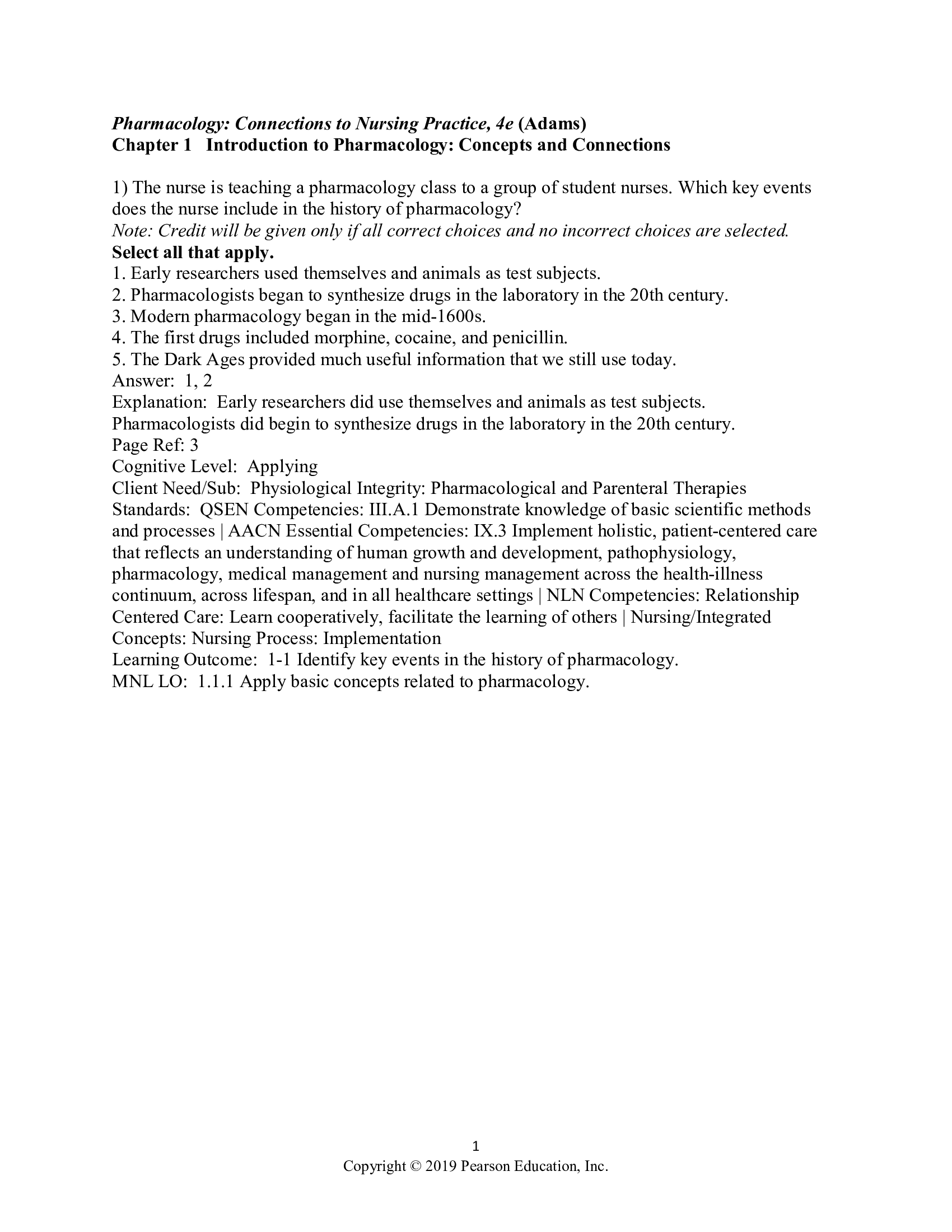 Test Bank for Pharmacology Connections to Nursing Practice 4th Edition by Adams