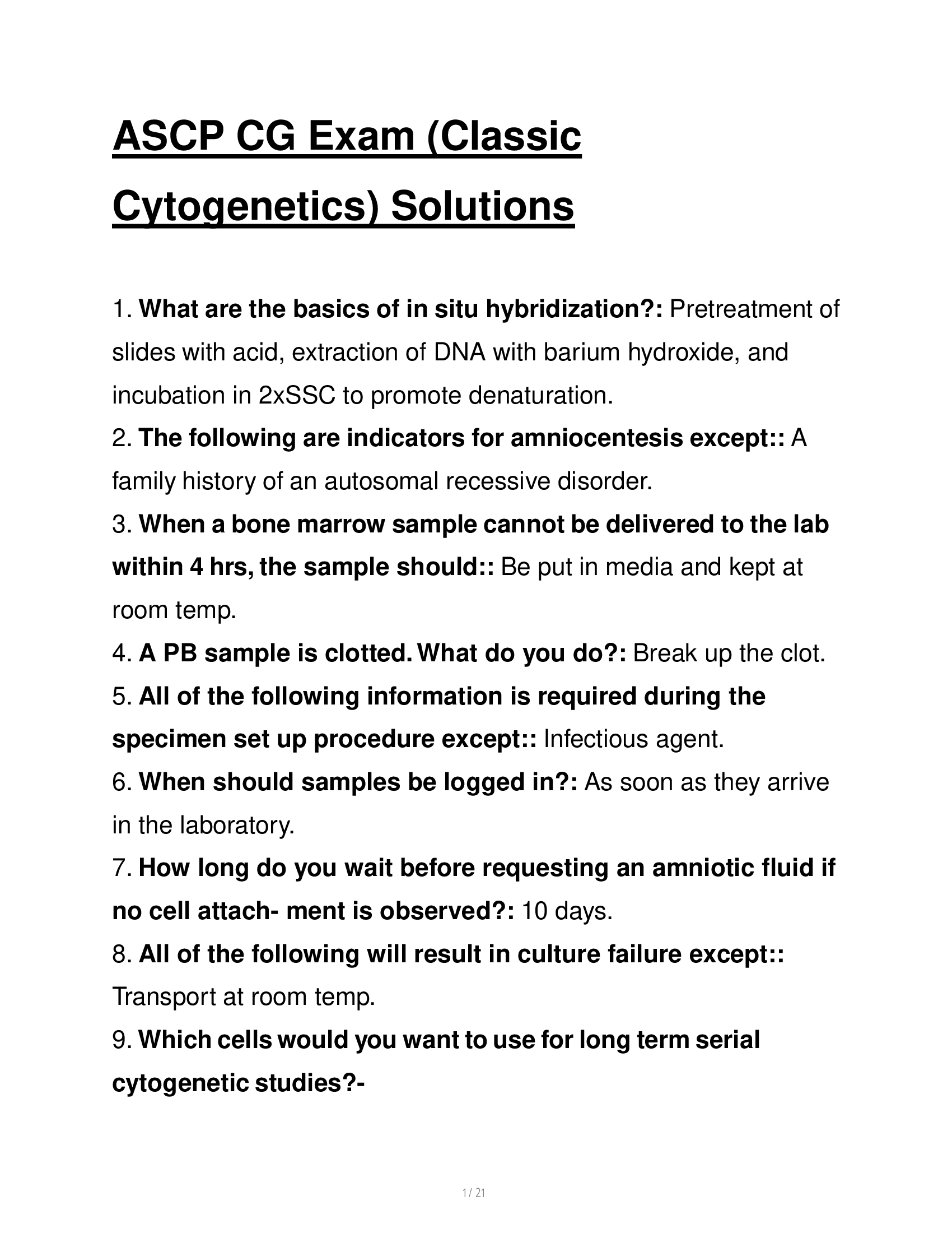ASCP CG Exam (Classic Cytogenetics) Solutions