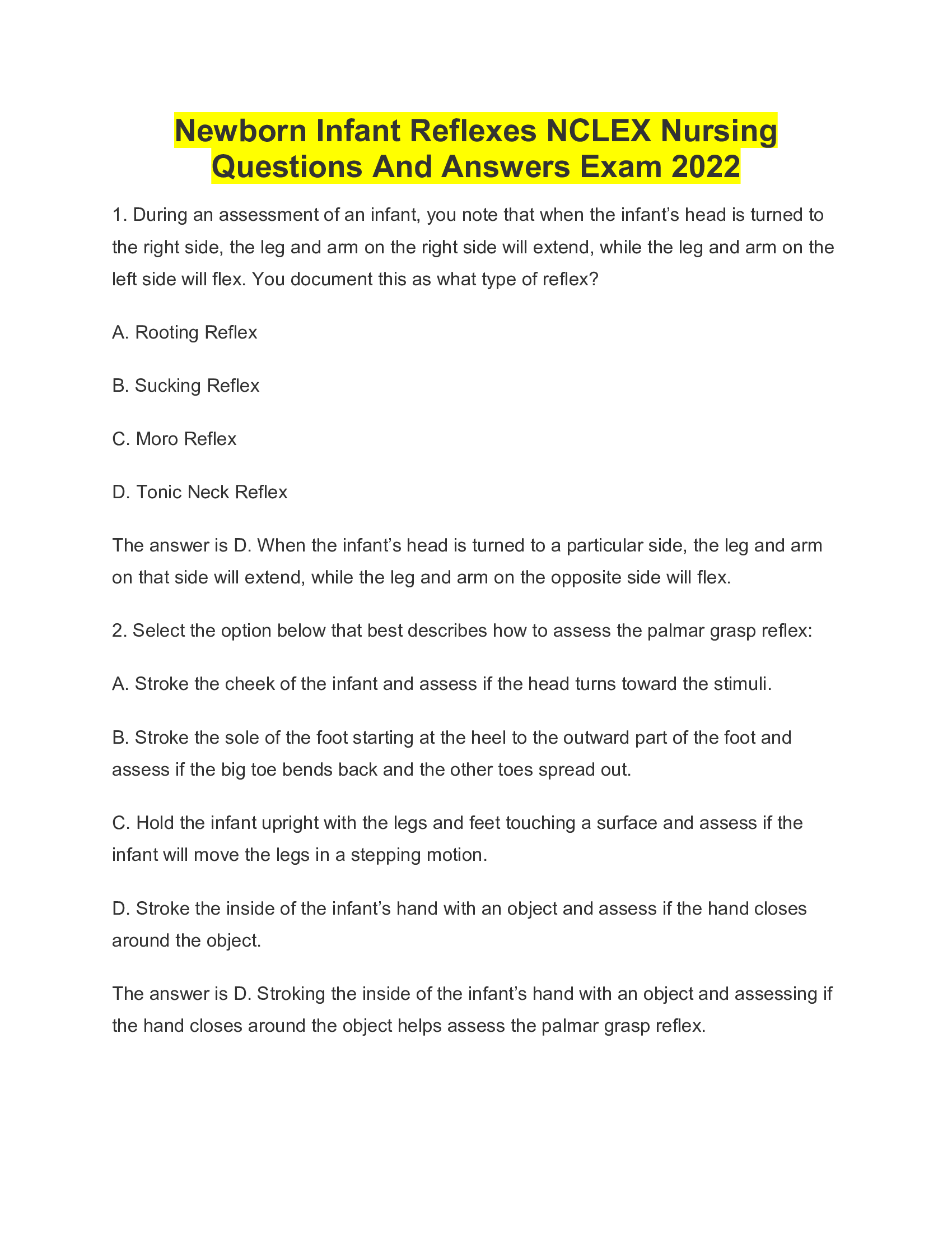 Newborn Infant Reflexes NCLEX Nursing Questions And Answers Exam 2022