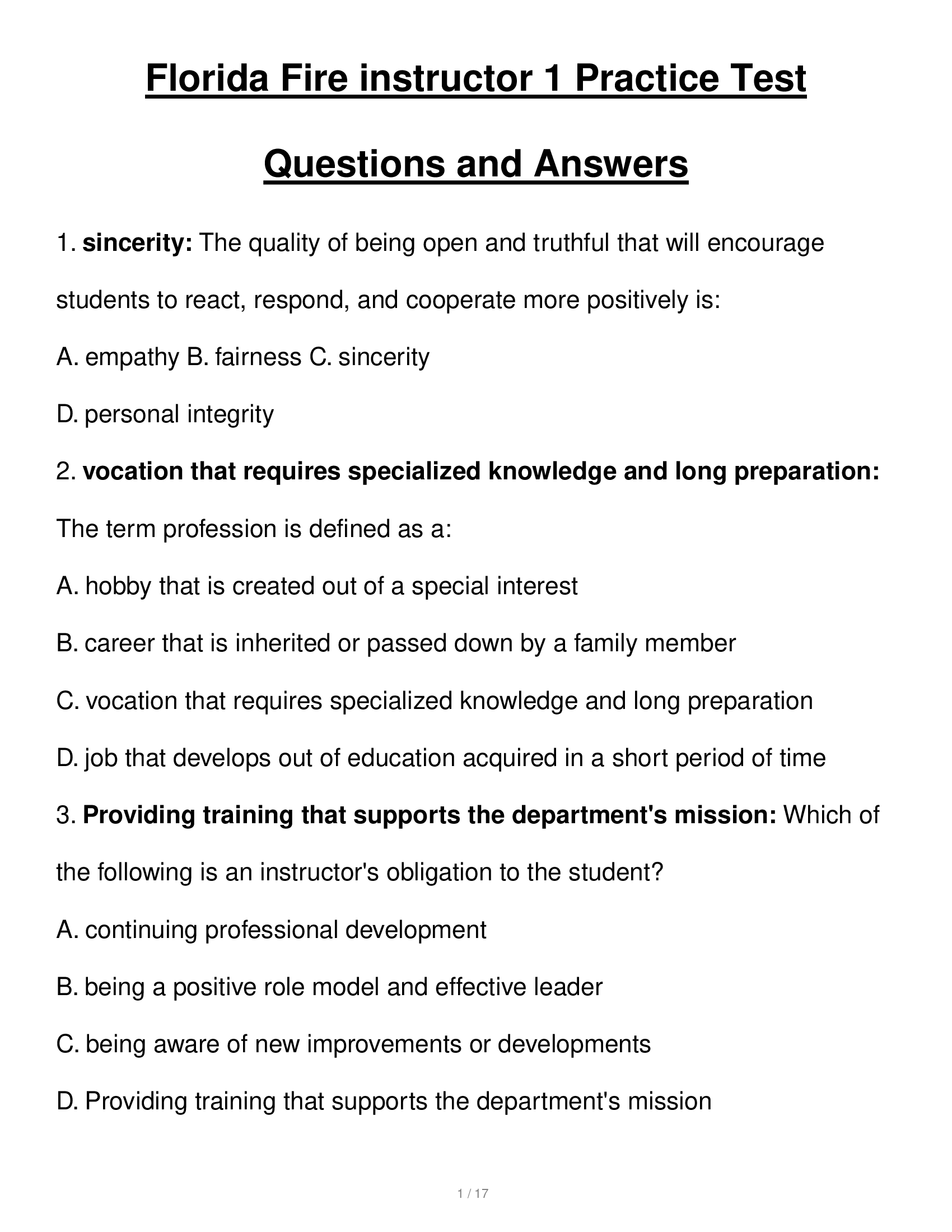 Florida Fire instructor 1 Practice Test Questions and Answers 2023