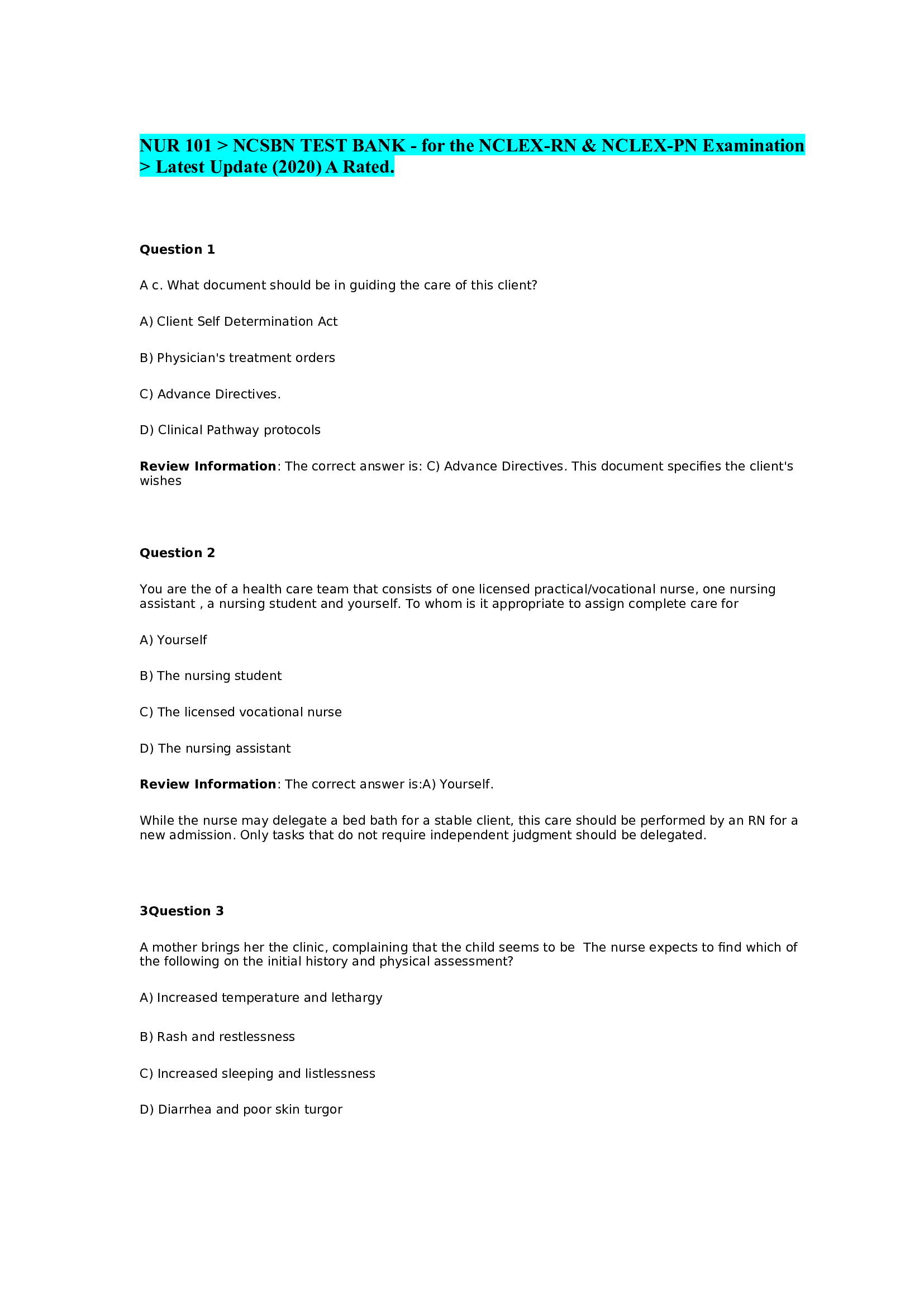 NUR 101 NCSBN TEST BANK - for the NCLEX-RN & NCLEX-PN Examination Latest Update (2020) A+ Rated