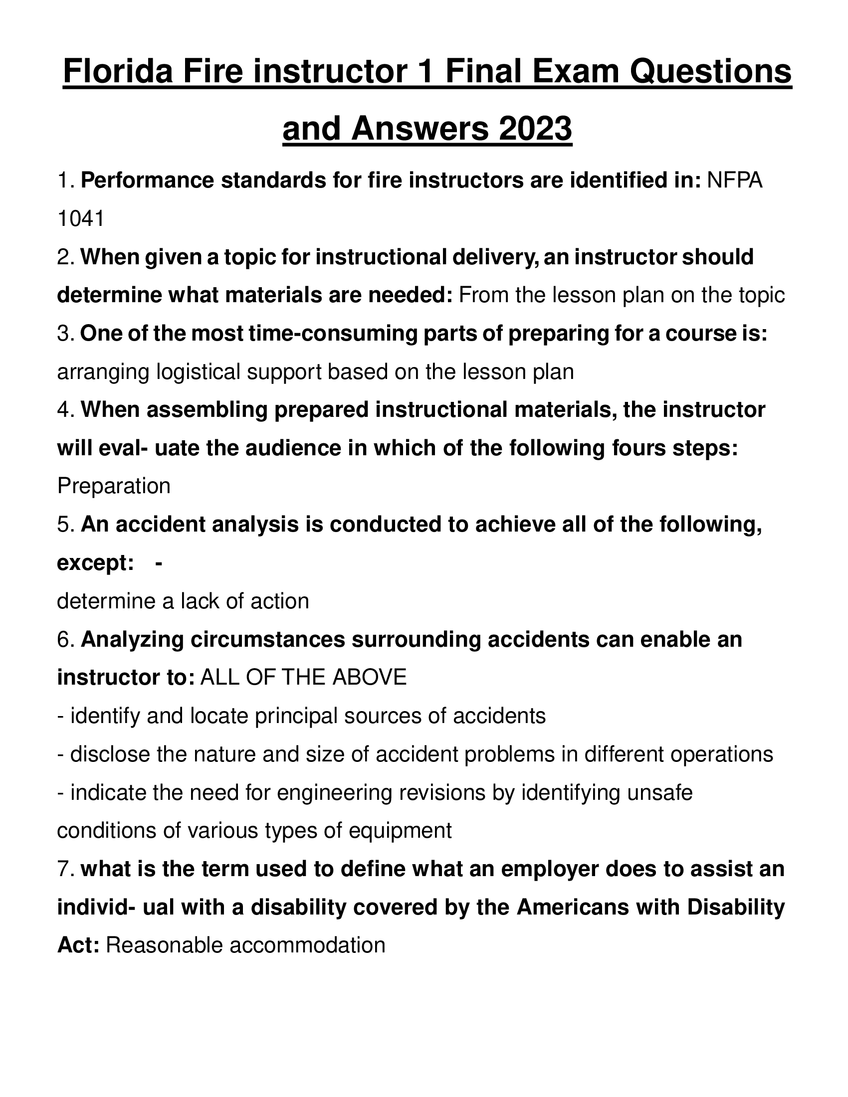 Florida Fire instructor 1 Final Exam Questions and Answers 2023