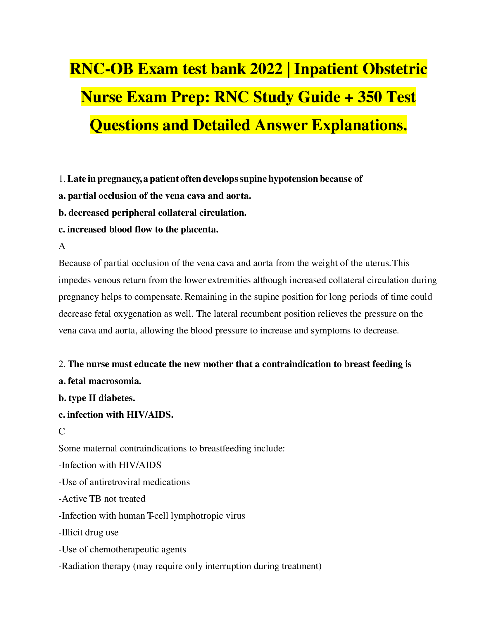 RNC-OB Exam test bank 2022 , Inpatient Obstetric Nurse Exam Prep 2022