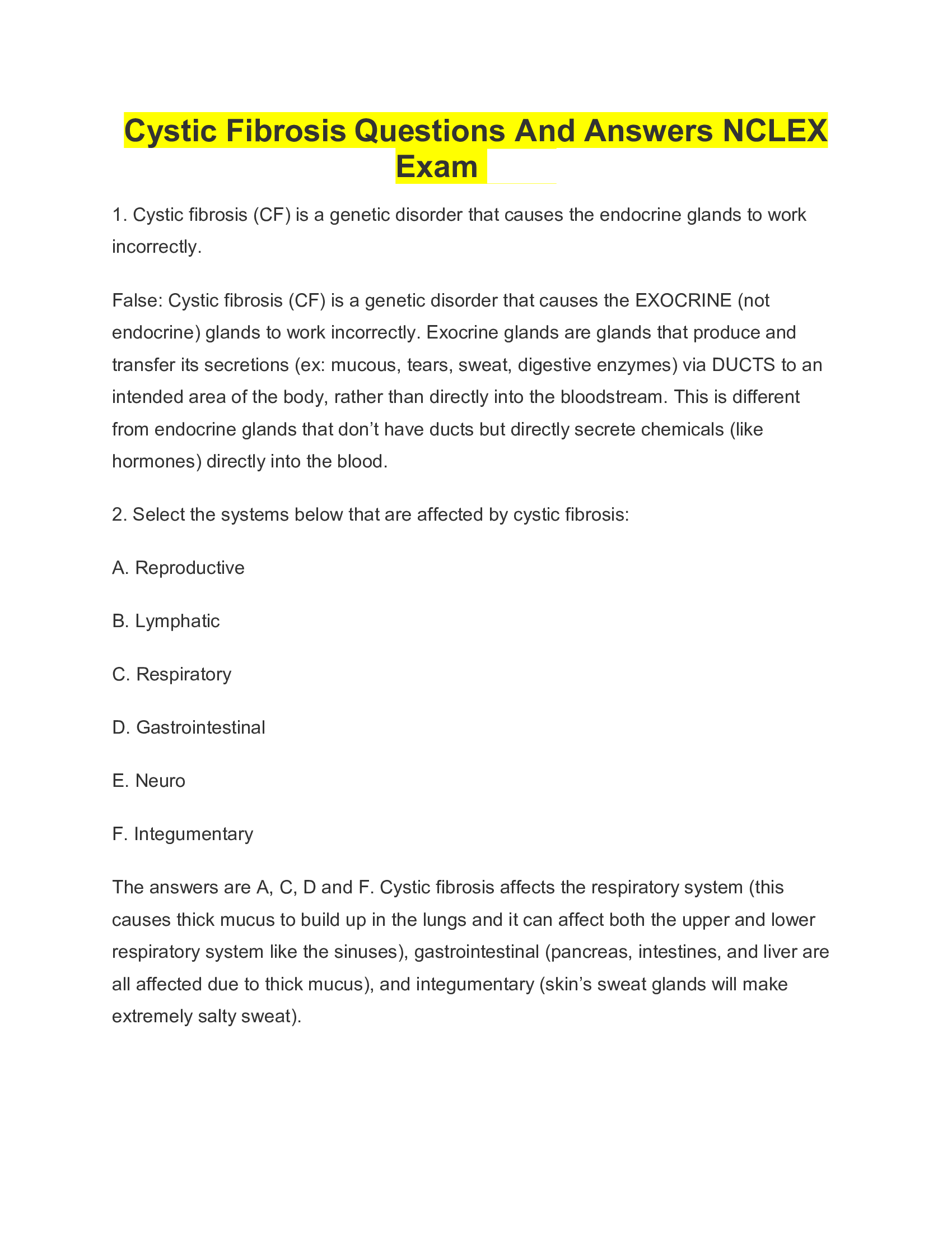 Cystic Fibrosis Questions And Answers NCLEX Exam (Latest)