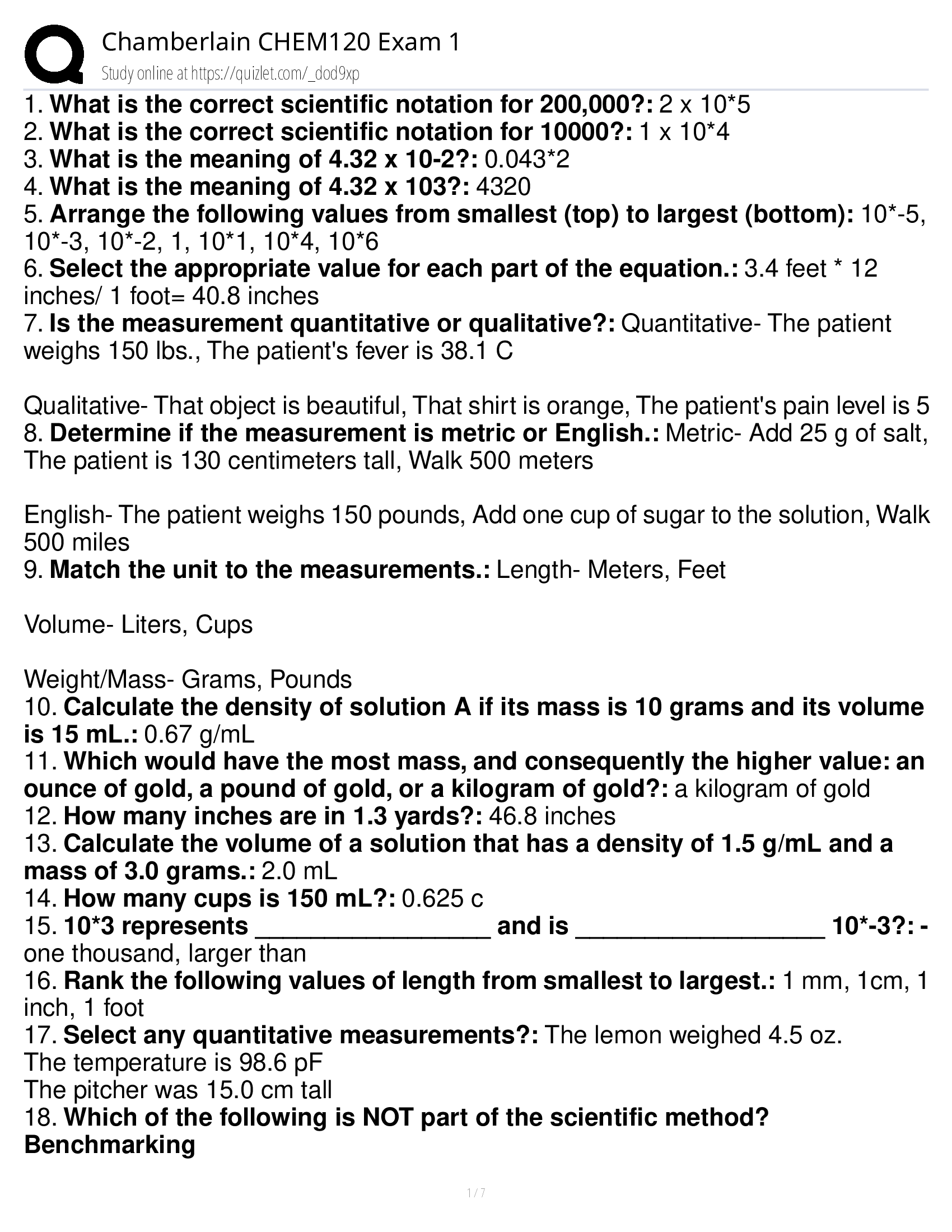 Exam 1 CHEM120 Intro to General, Organic & Biological Chemistry with Lab Actual 2026 Questions and Answers