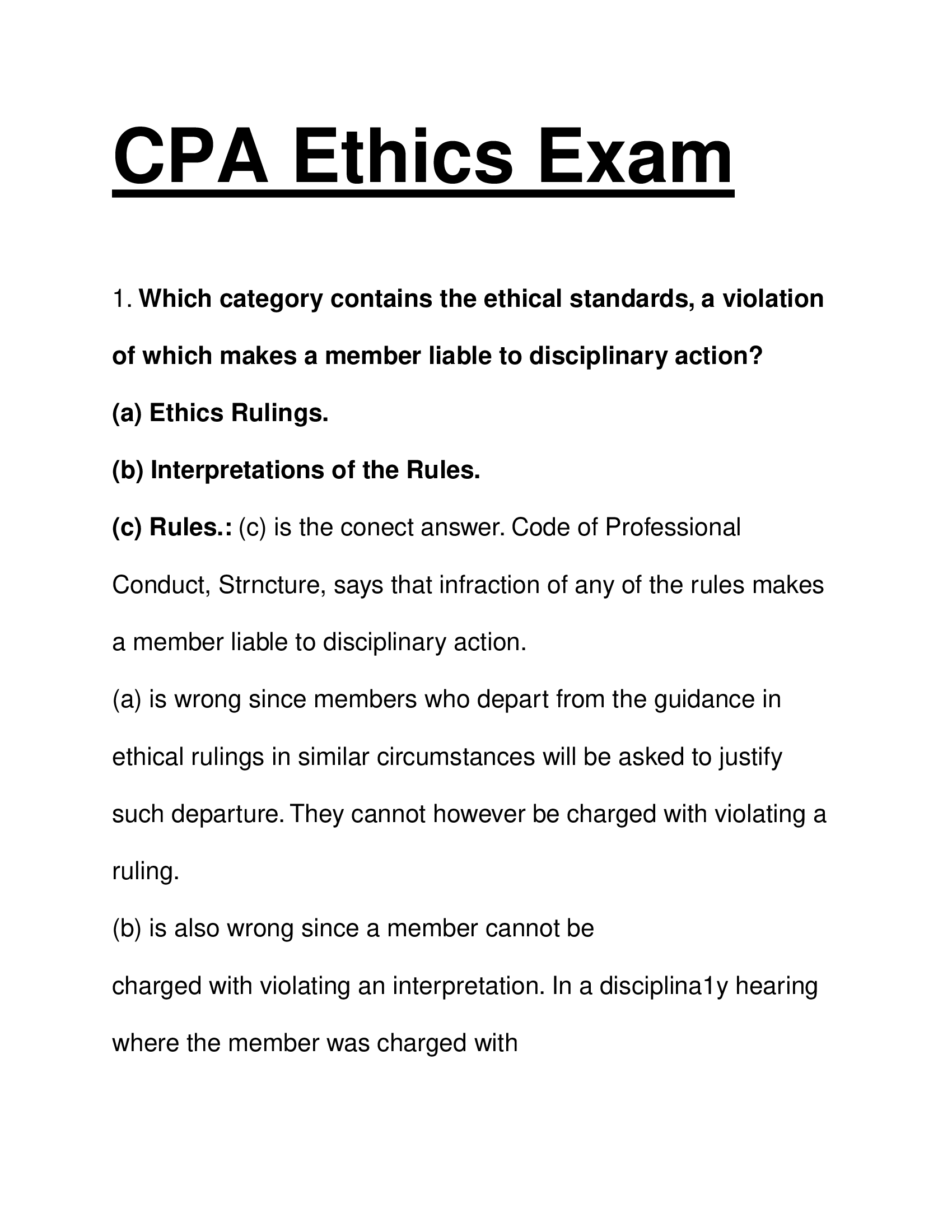 CPA Ethics Exam Study Guide – Comprehensive Multiple-Choice Questions with Correct Answers and Explanations