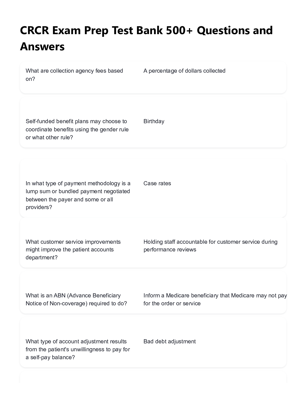 CRCR Exam Prep Test Bank 500+ Questions and Answers, (2026 Certified Revenue Cycle Representative Exam)