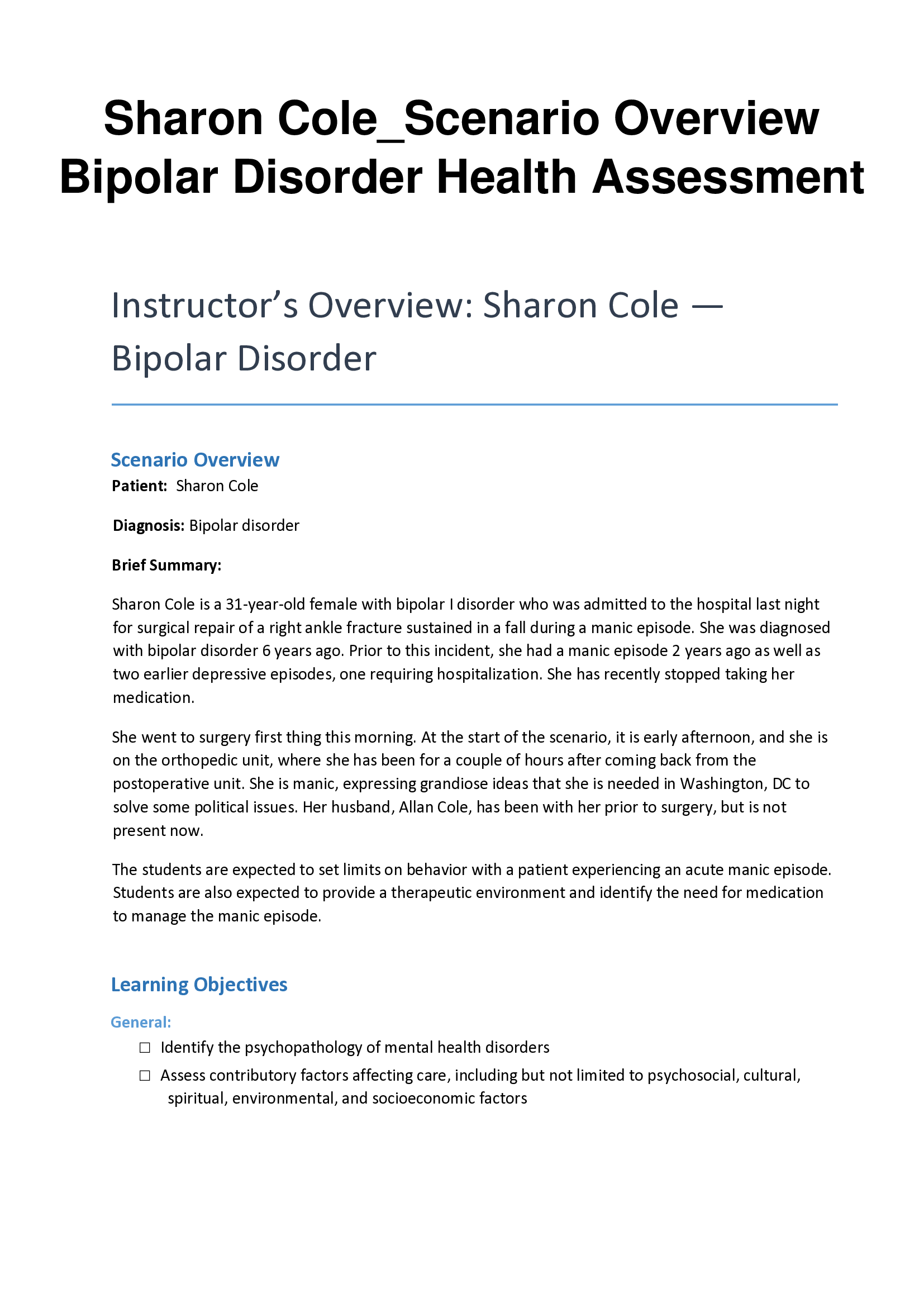 Sharon Cole_Scenario Overview Bipolar Disorder Health Assessment