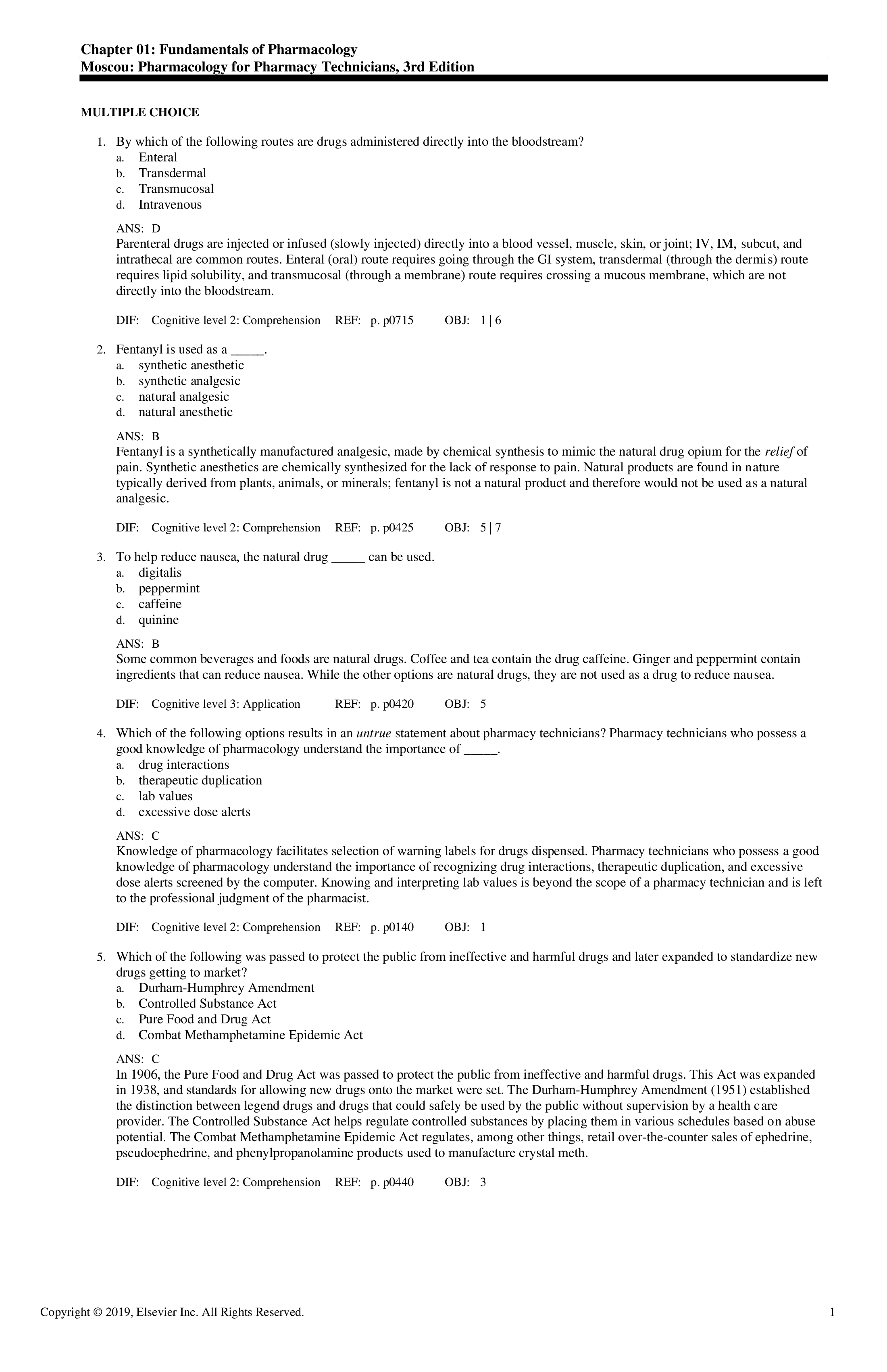 Test Bank for Pharmacology for Pharmacy Technicians 3rd Edition by Moscou