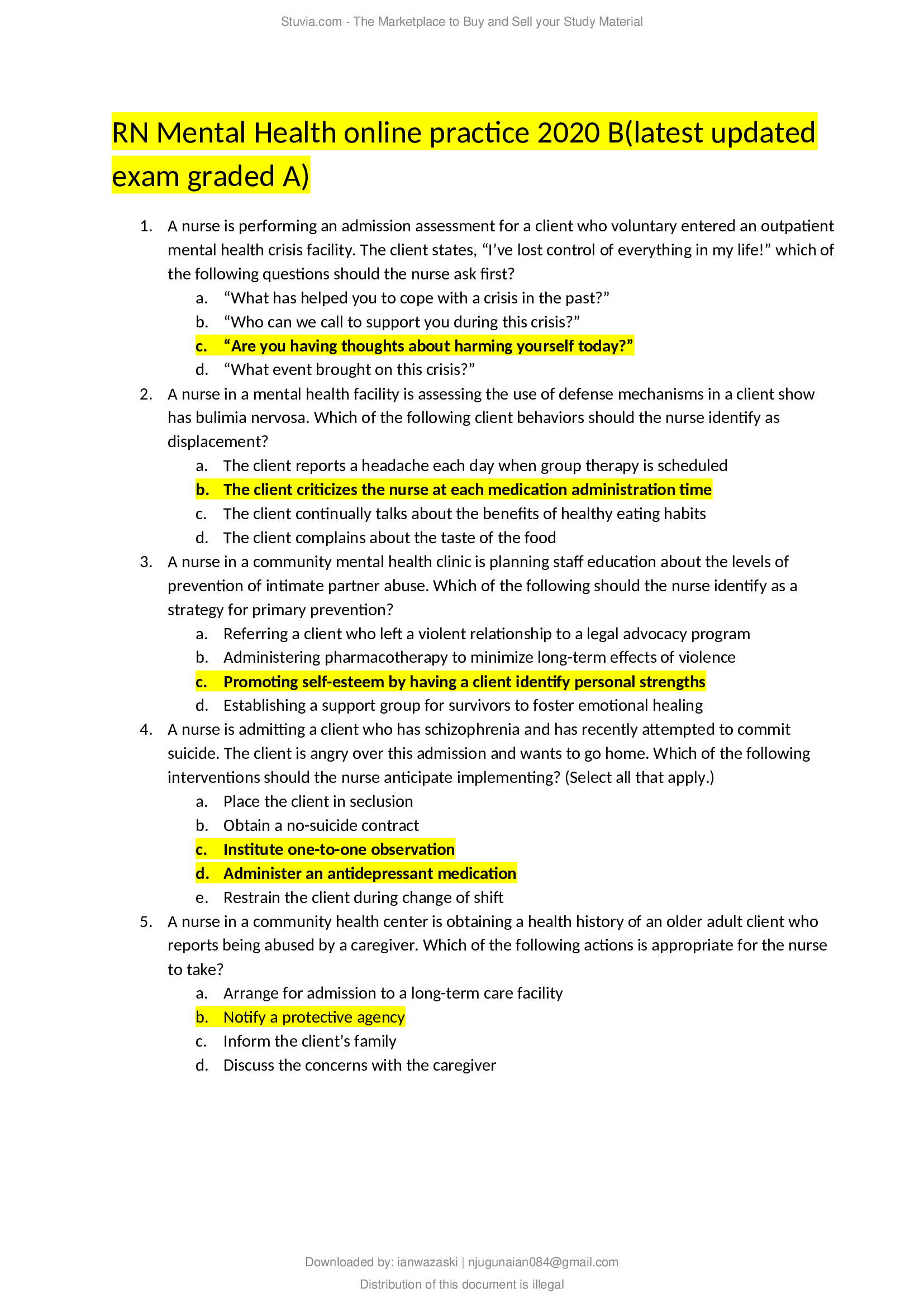 RN Mental Health online practice 2020 B (latest updated exam graded A)